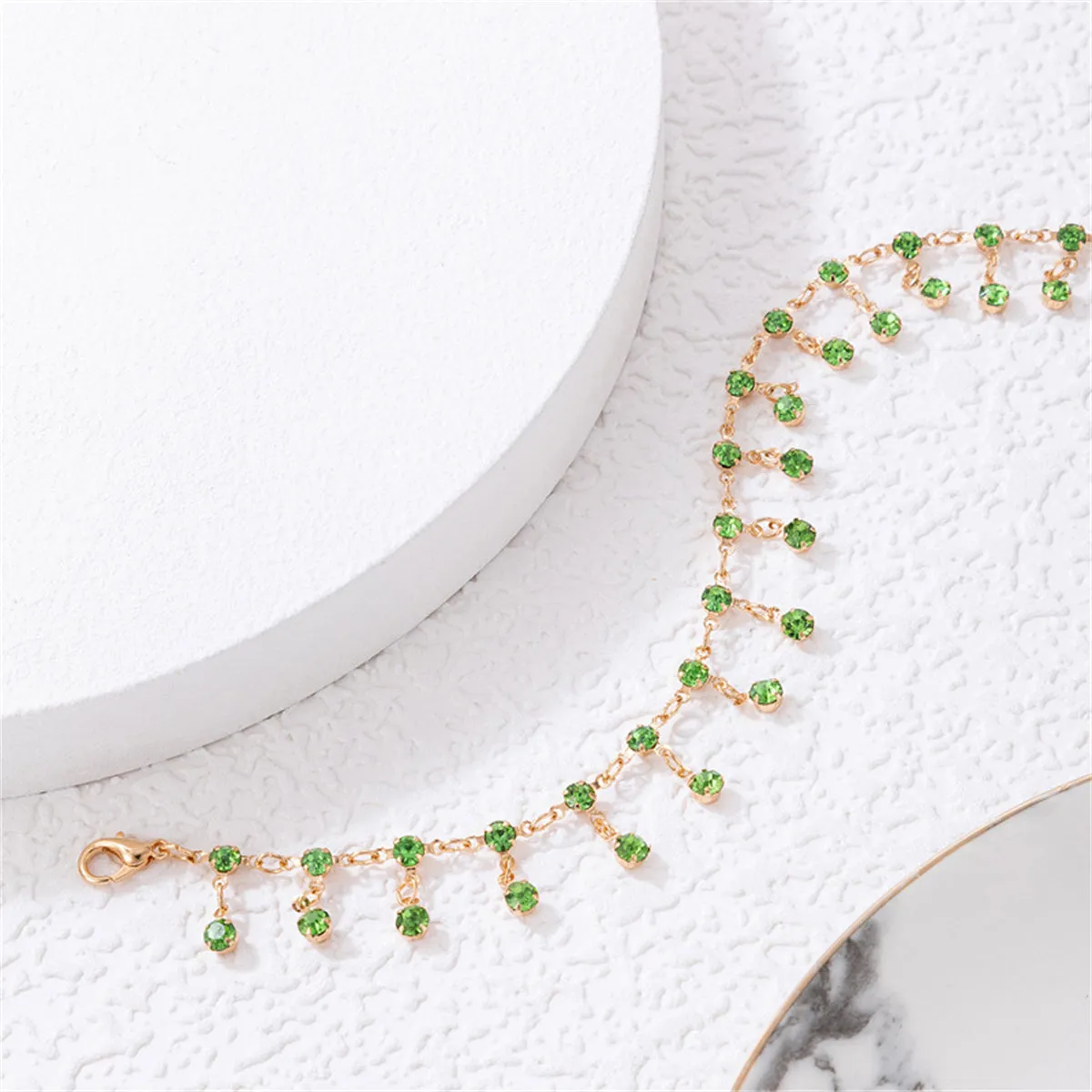 Green Cubic Zirconia & 18K Gold-Plated Tassel Anklet