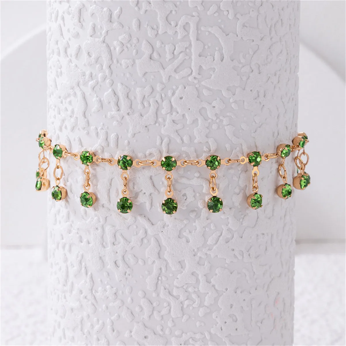 Green Cubic Zirconia & 18K Gold-Plated Tassel Anklet