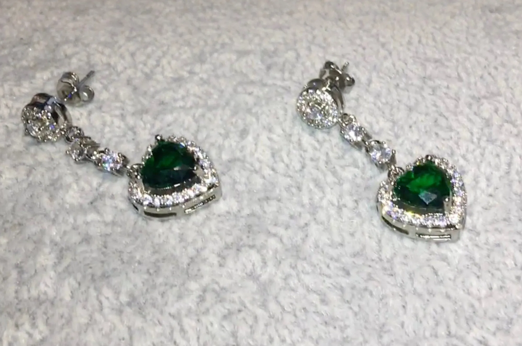 Green Diamond Earrings | Green Diamond Heart Earrings | Emerald Diamond Earrings | Heart Earrings | Womens Diamond Heart Earrings