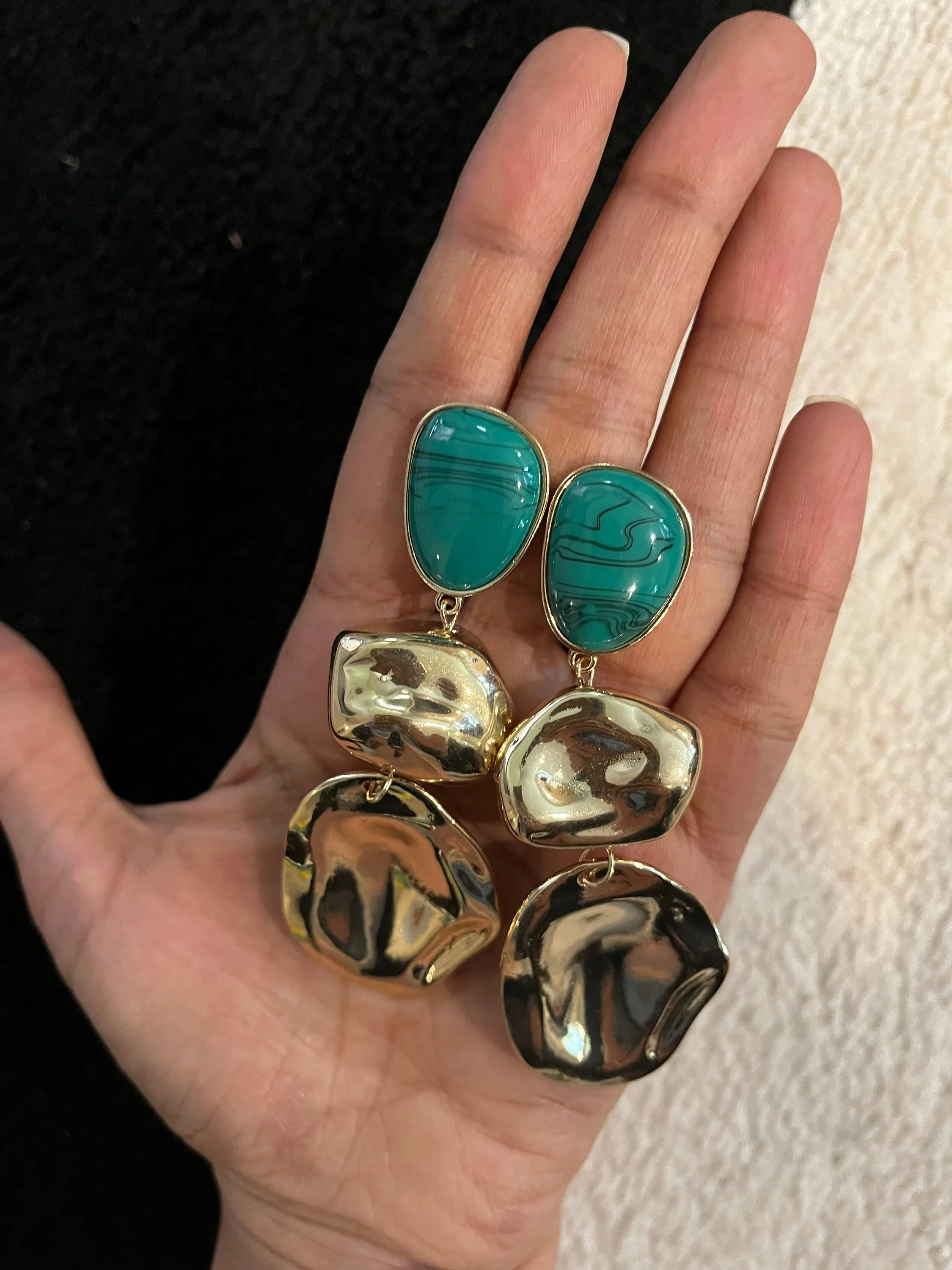 Green drop earrings ,long emerald earrings , green and gold earrings ,  gold abstract earrings, long green large big earrings chunky