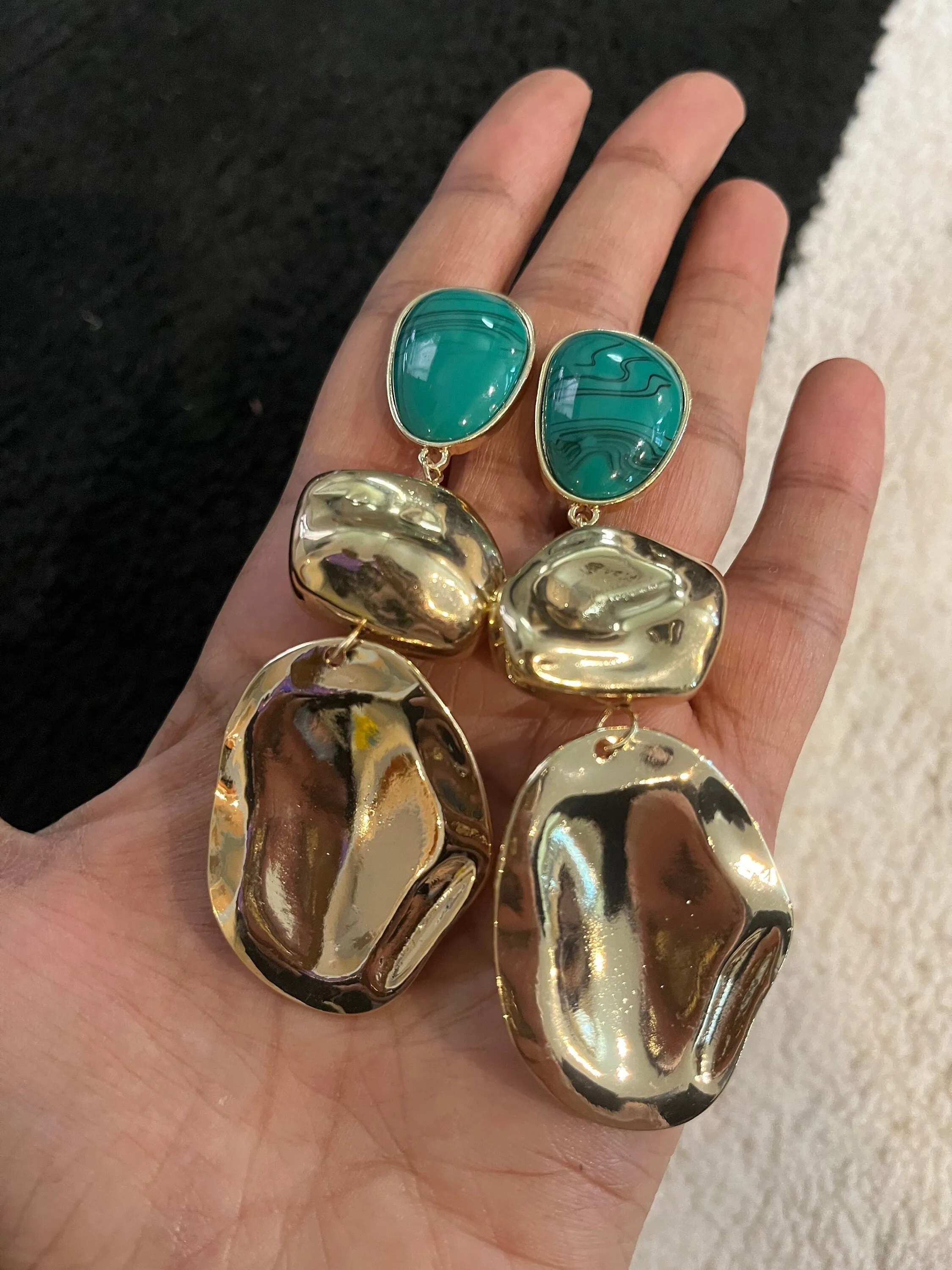 Green drop earrings ,long emerald earrings , green and gold earrings ,  gold abstract earrings, long green large big earrings chunky