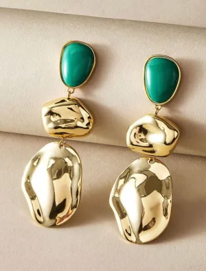 Green drop earrings ,long emerald earrings , green and gold earrings ,  gold abstract earrings, long green large big earrings chunky