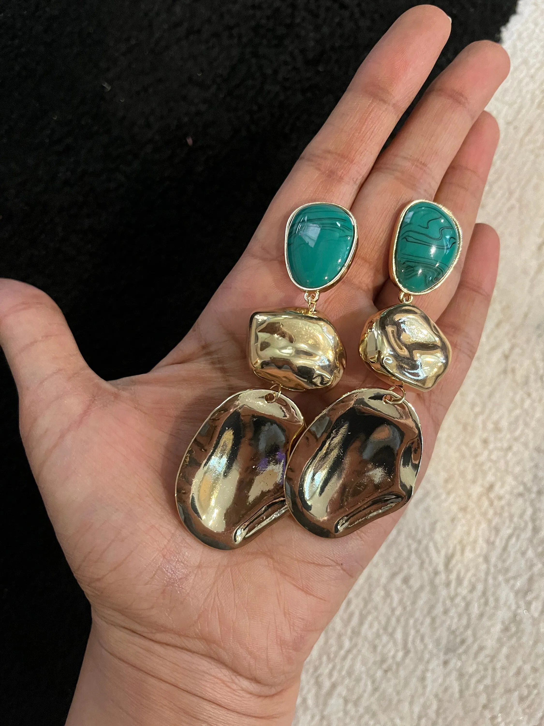 Green drop earrings ,long emerald earrings , green and gold earrings ,  gold abstract earrings, long green large big earrings chunky