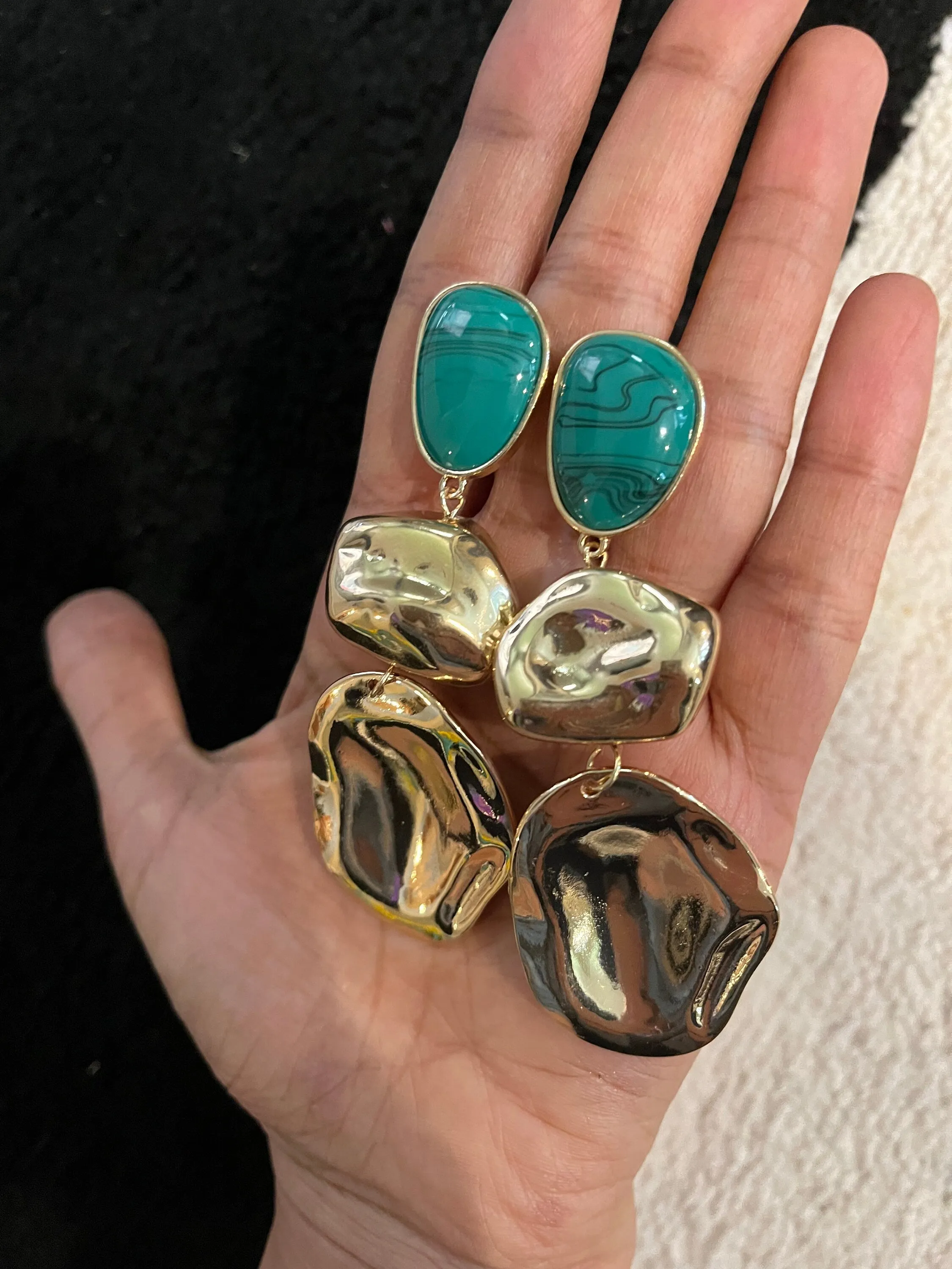 Green drop earrings ,long emerald earrings , green and gold earrings ,  gold abstract earrings, long green large big earrings chunky