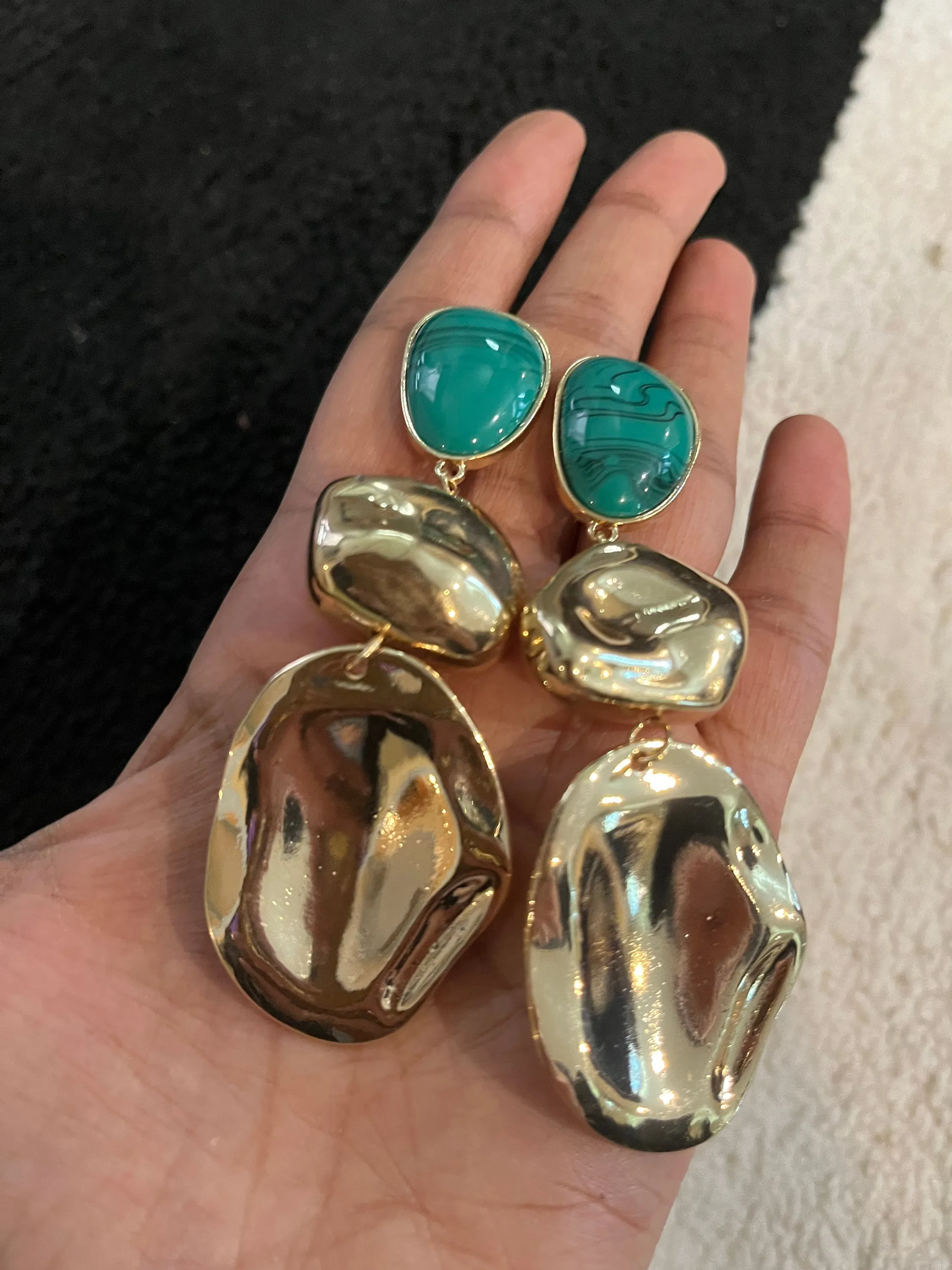 Green drop earrings ,long emerald earrings , green and gold earrings ,  gold abstract earrings, long green large big earrings chunky