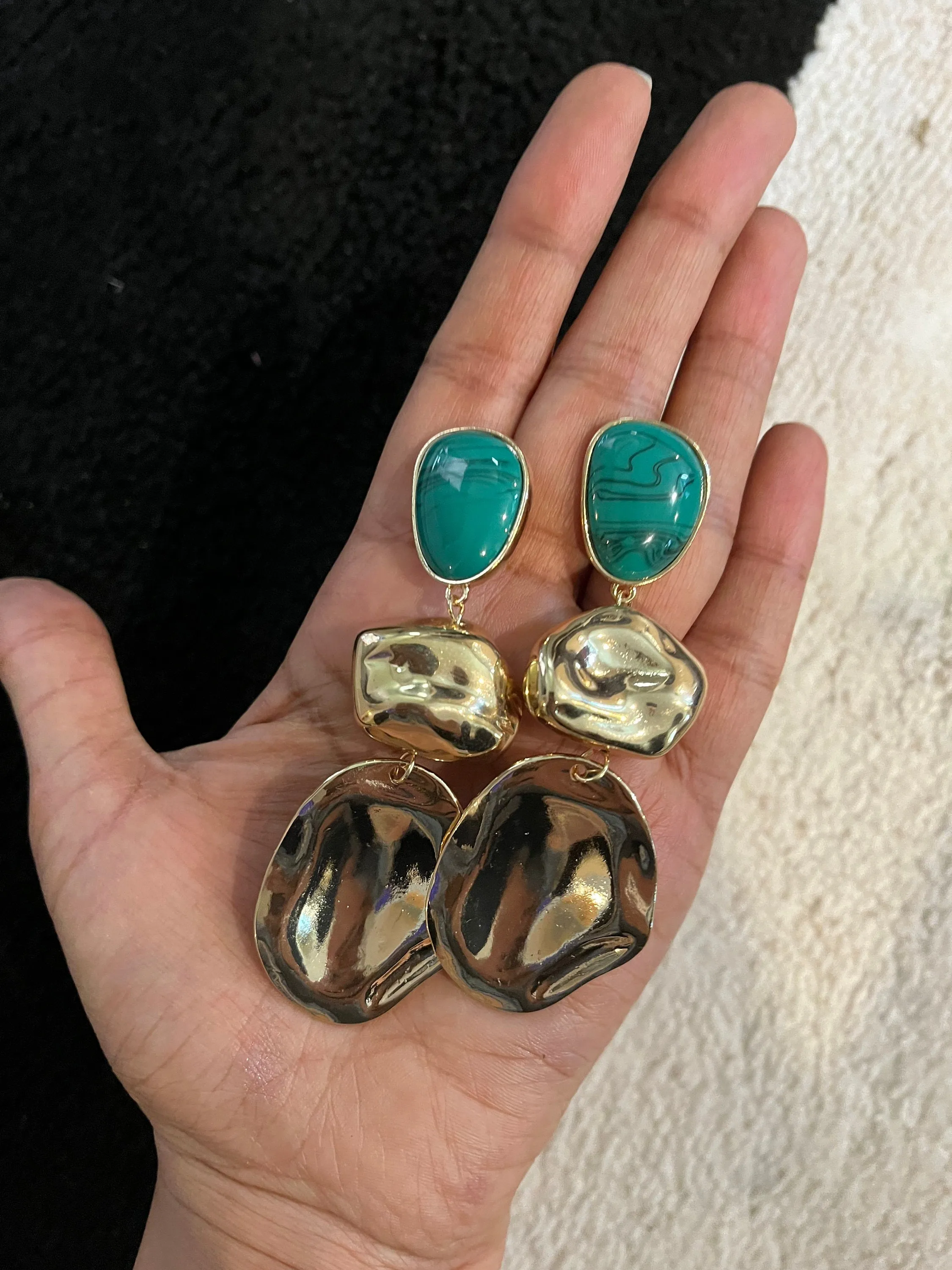 Green drop earrings ,long emerald earrings , green and gold earrings ,  gold abstract earrings, long green large big earrings chunky