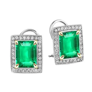 Green Emerald Halo Studs Real Diamond Earrings Omega Backs