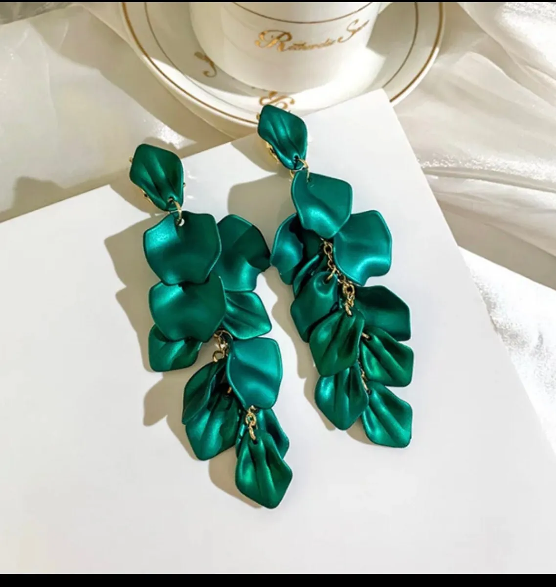 Green flower earrings , green petal earrings , green acrylic earrings , rose petal earrings
