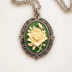Green Rose Cameo Necklace in Silver