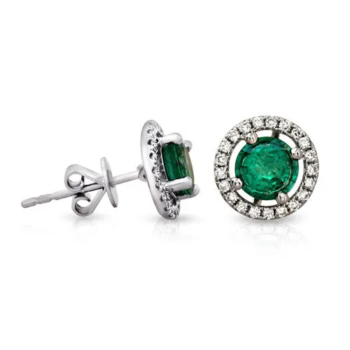 Halo Style Emerald Gemstone with Round Pave Set Diamonds in 18k White Gold