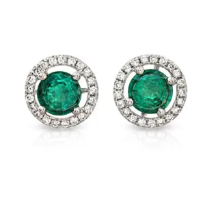 Halo Style Emerald Gemstone with Round Pave Set Diamonds in 18k White Gold