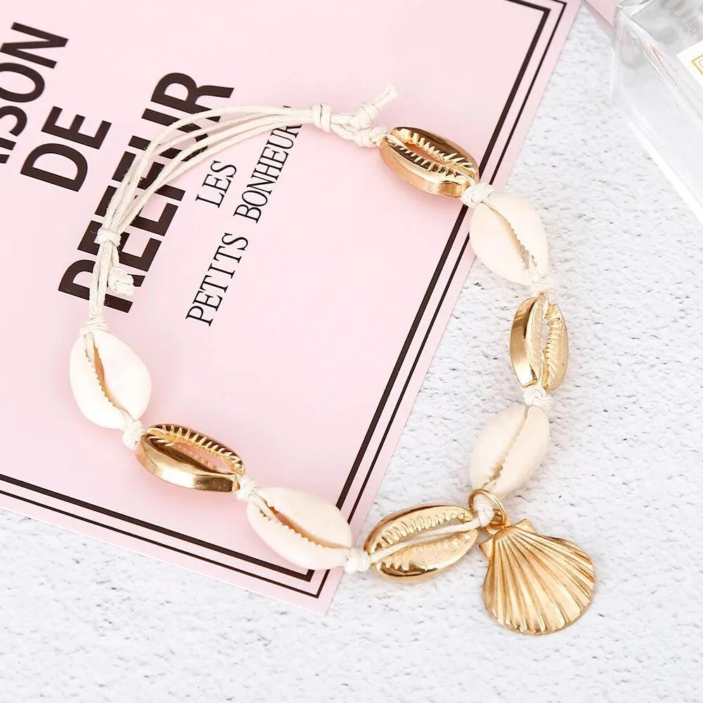 Handamde Natural White and Gold Luxury Shell Conch Rope Anklets BreceletFor Women Foot Jewelry Style