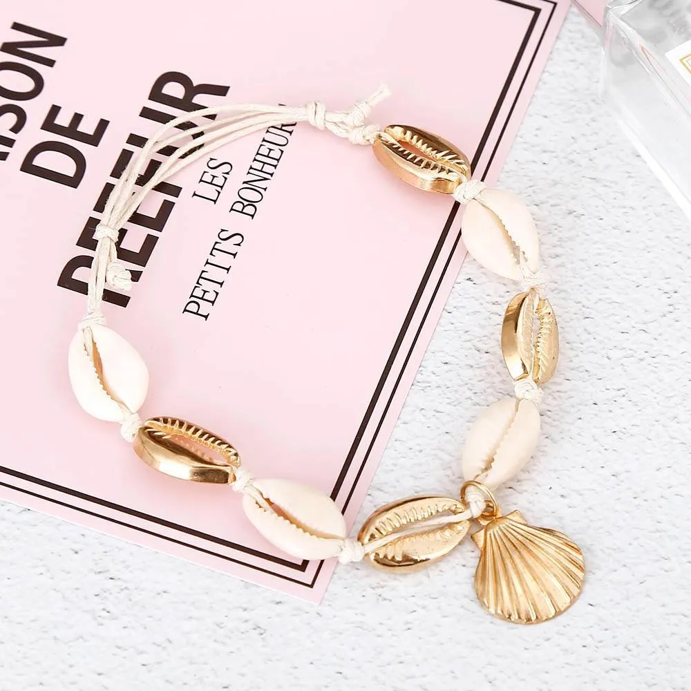 Handamde Natural White and Gold Luxury Shell Conch Rope Anklets BreceletFor Women Foot Jewelry Style
