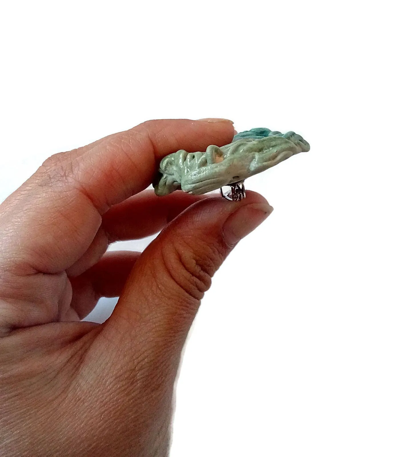 Handmade Ceramic Green Brooch – Unique Abstract Pin