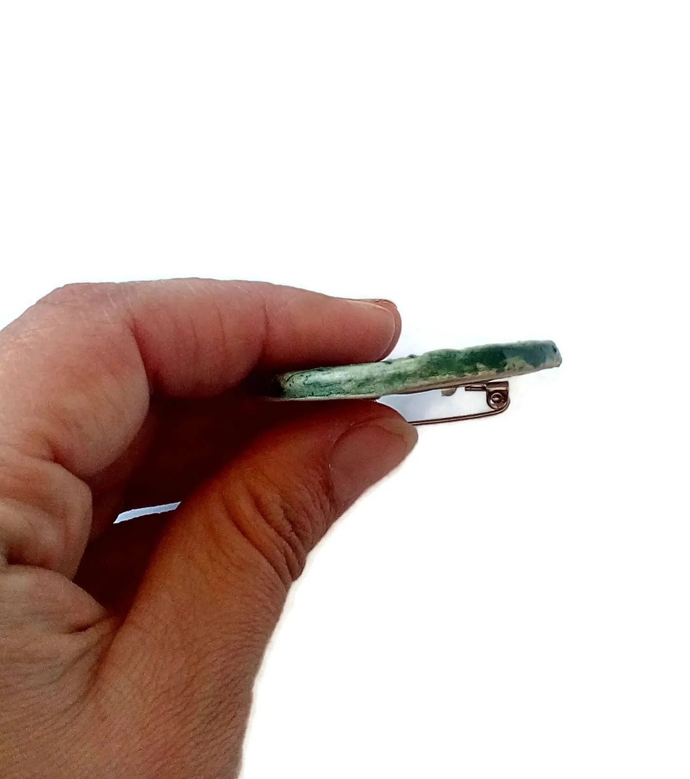 Handmade Ceramic Green Textured Brooch For Women, Round Shaped Clothing Brooch For Her, Lapel Pin Gift For Him, 9th Anniversary Gift Idea