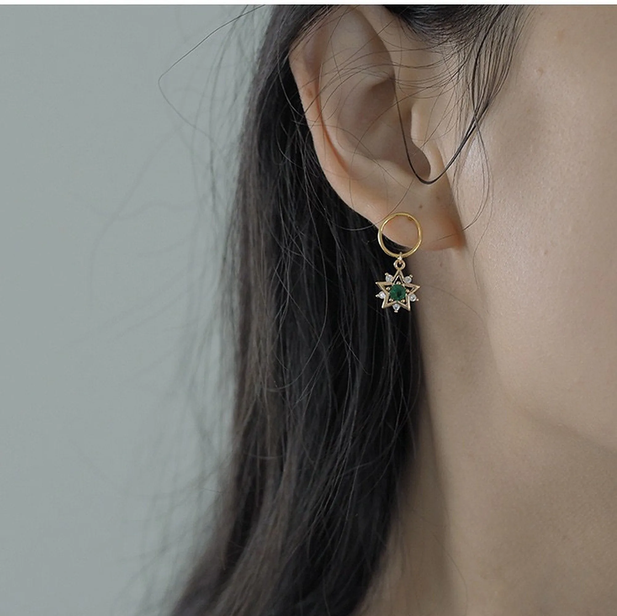 Handmade Emerald Green Golden Star Earrings