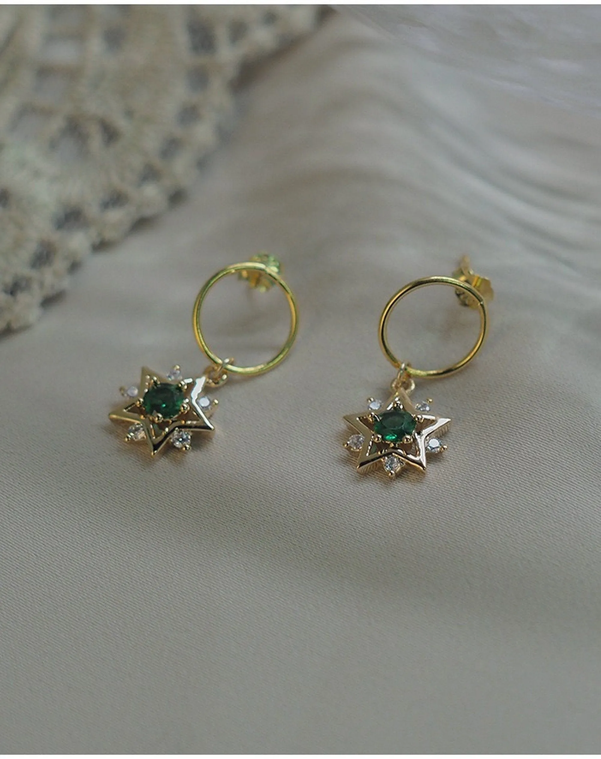 Handmade Emerald Green Golden Star Earrings