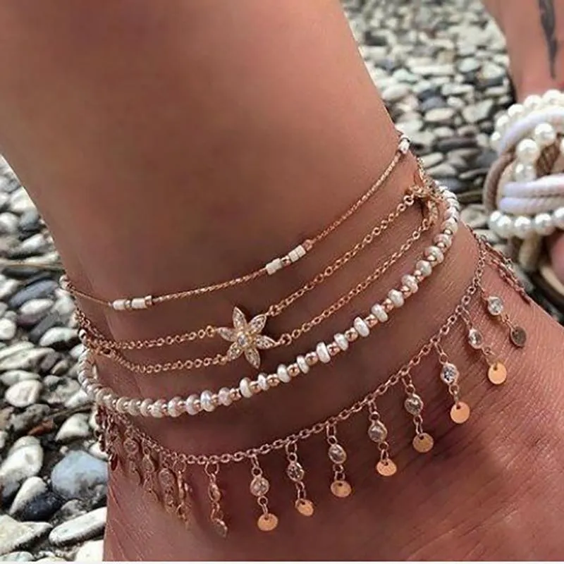 Handmade Unique Layered Gold Shell Pendant Chain Ankle Bracelet Foot Jewelry for Ladies and Women