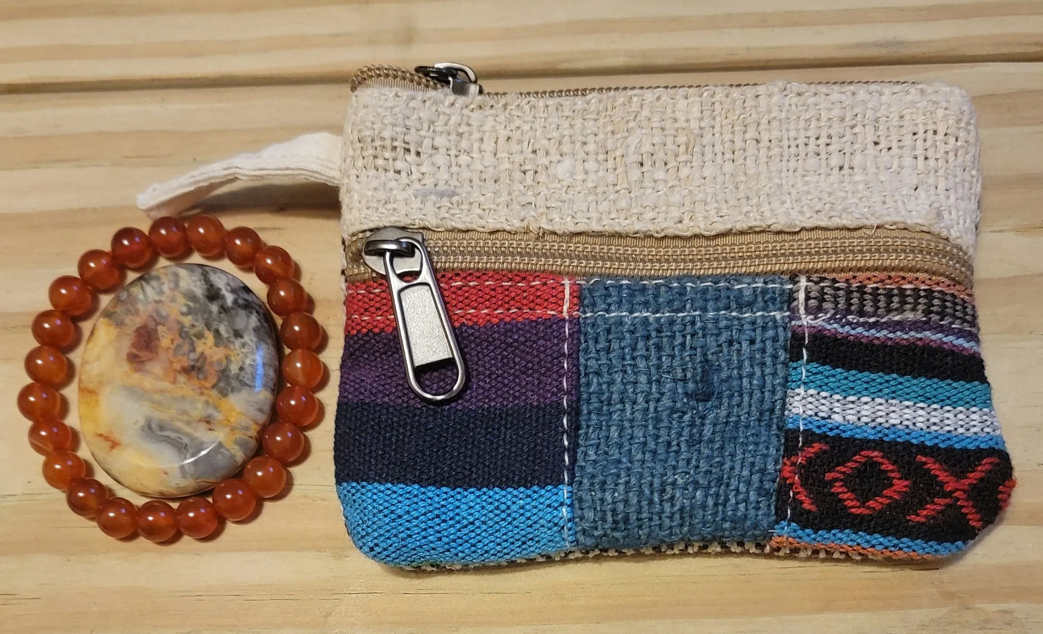Hemp Wallet, Premade Bracelet and Worry Stone Gift Set