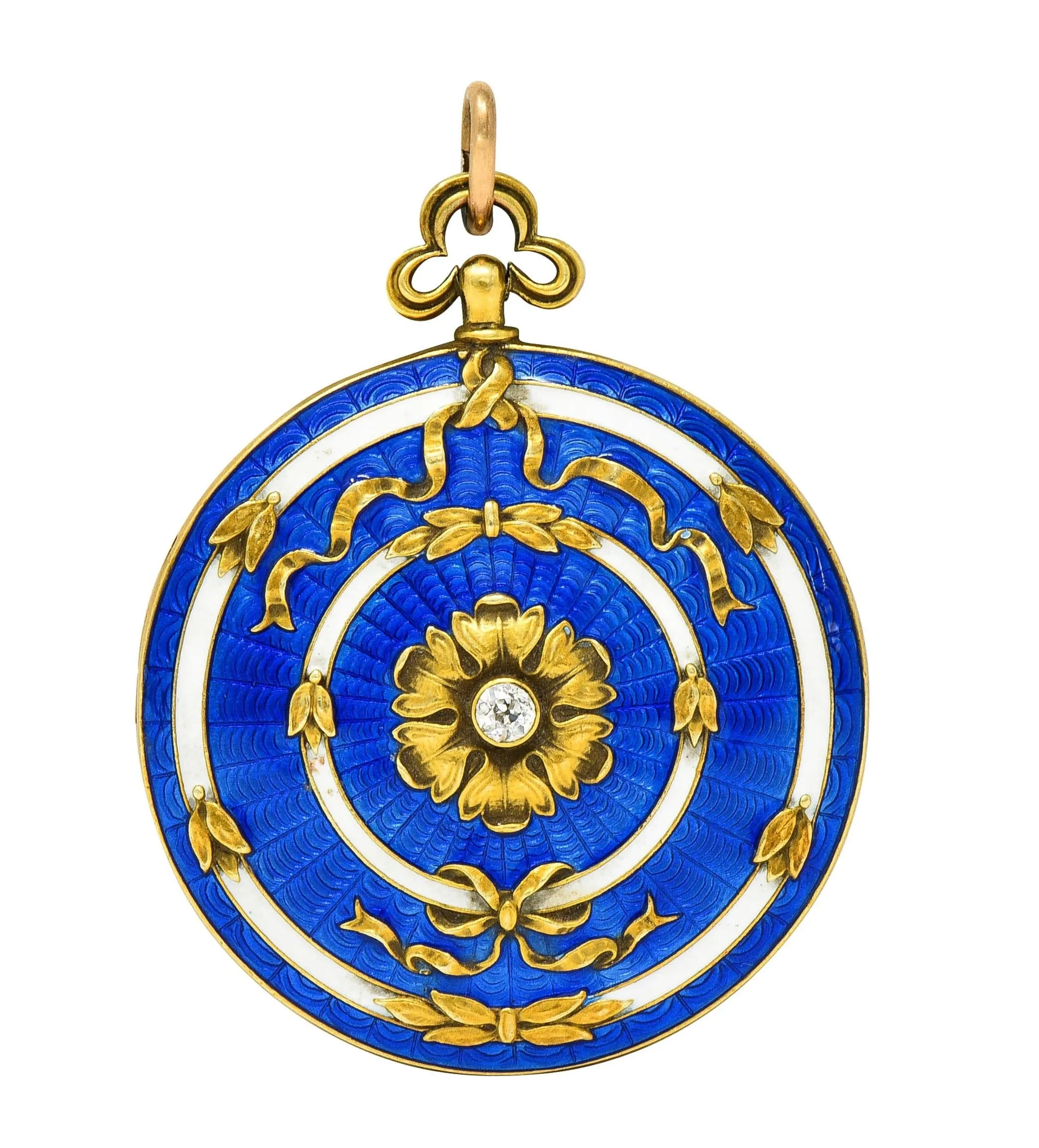 Henry Blank & Co. Belle Époque Diamond Guilloche Enamel 14 Karat Gold Ribbon Antique Locket Pendant