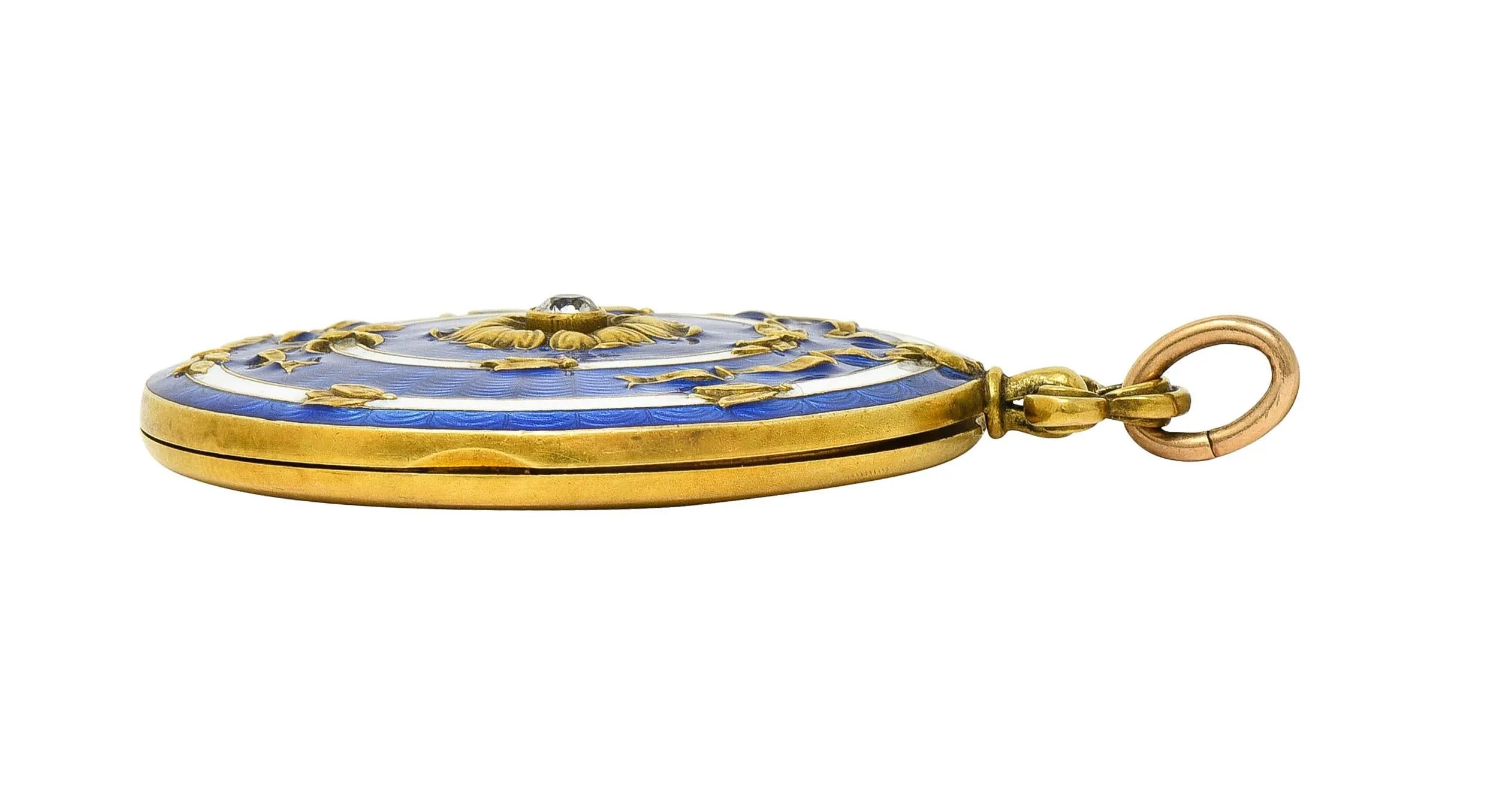 Henry Blank & Co. Belle Époque Diamond Guilloche Enamel 14 Karat Gold Ribbon Antique Locket Pendant