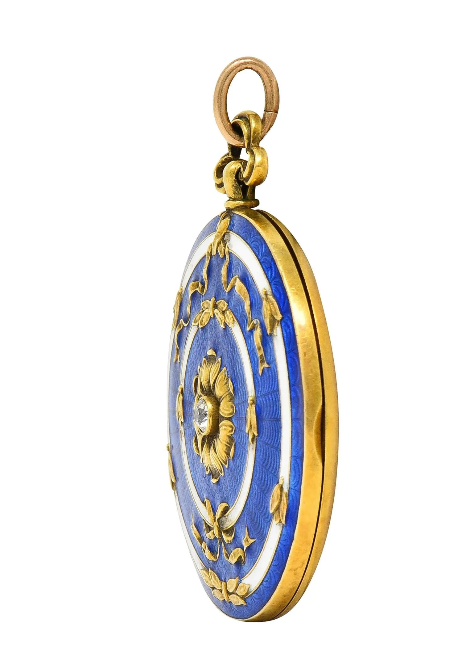 Henry Blank & Co. Belle Époque Diamond Guilloche Enamel 14 Karat Gold Ribbon Antique Locket Pendant