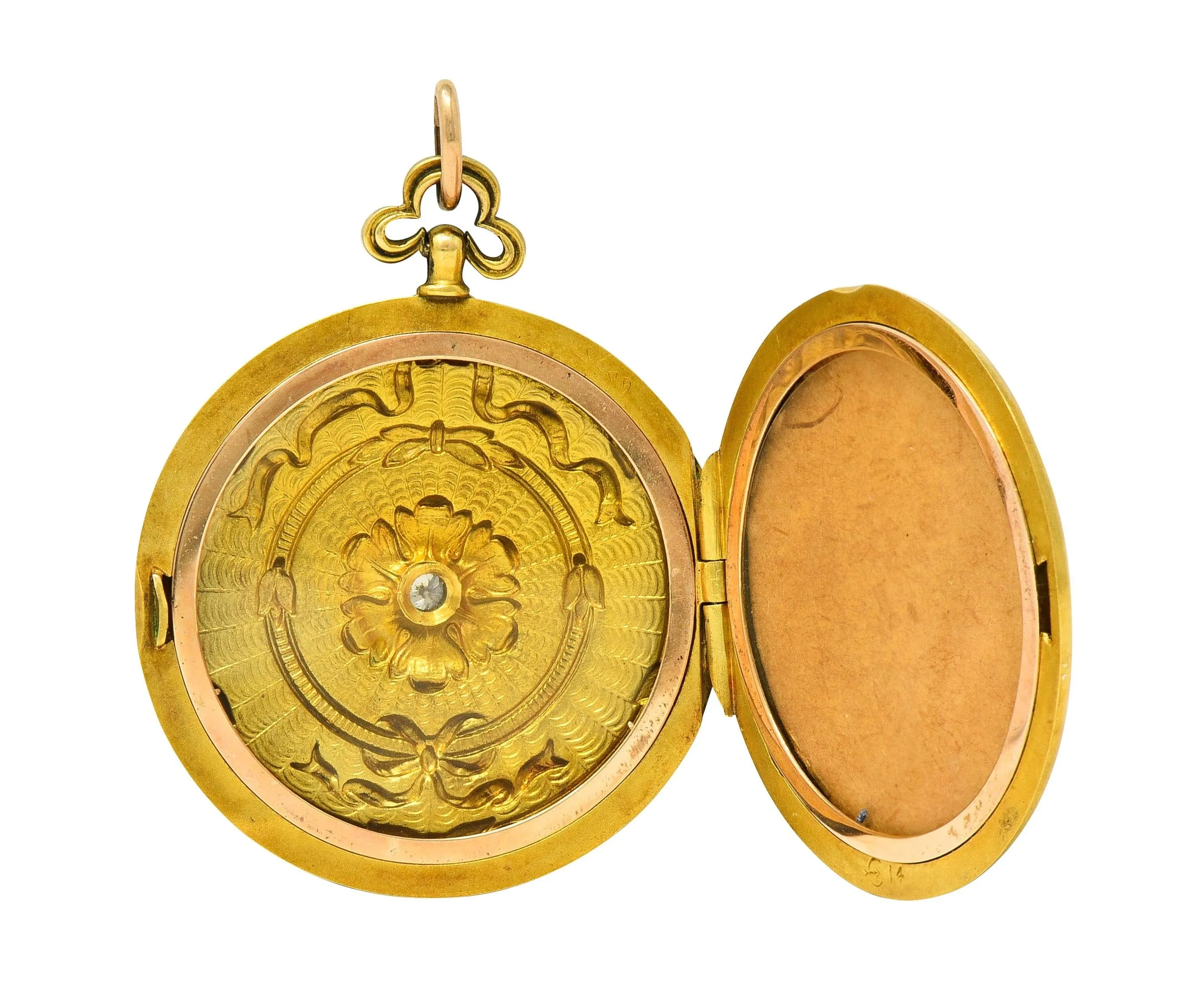Henry Blank & Co. Belle Époque Diamond Guilloche Enamel 14 Karat Gold Ribbon Antique Locket Pendant