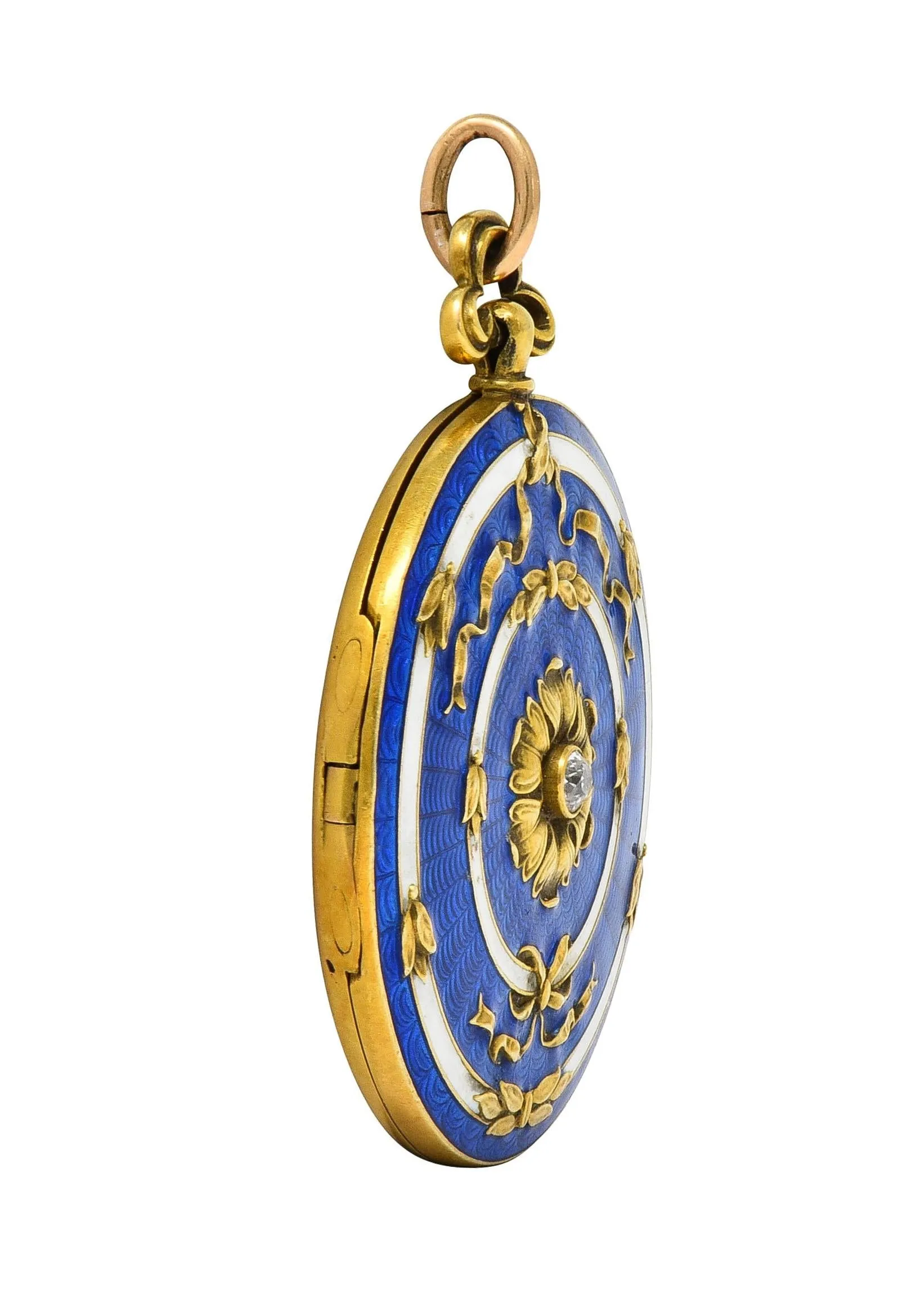 Henry Blank & Co. Belle Époque Diamond Guilloche Enamel 14 Karat Gold Ribbon Antique Locket Pendant