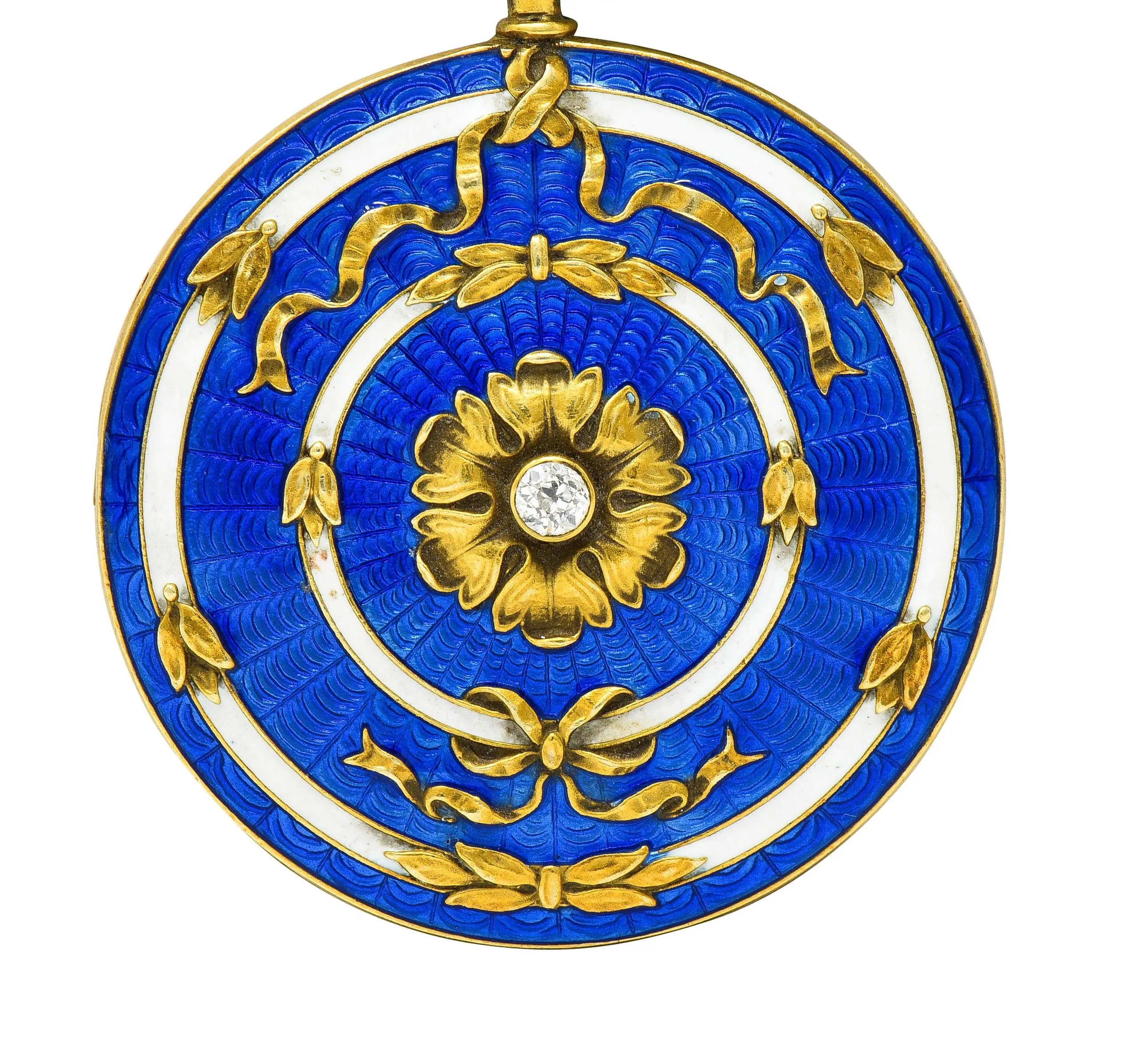Henry Blank & Co. Belle Époque Diamond Guilloche Enamel 14 Karat Gold Ribbon Antique Locket Pendant
