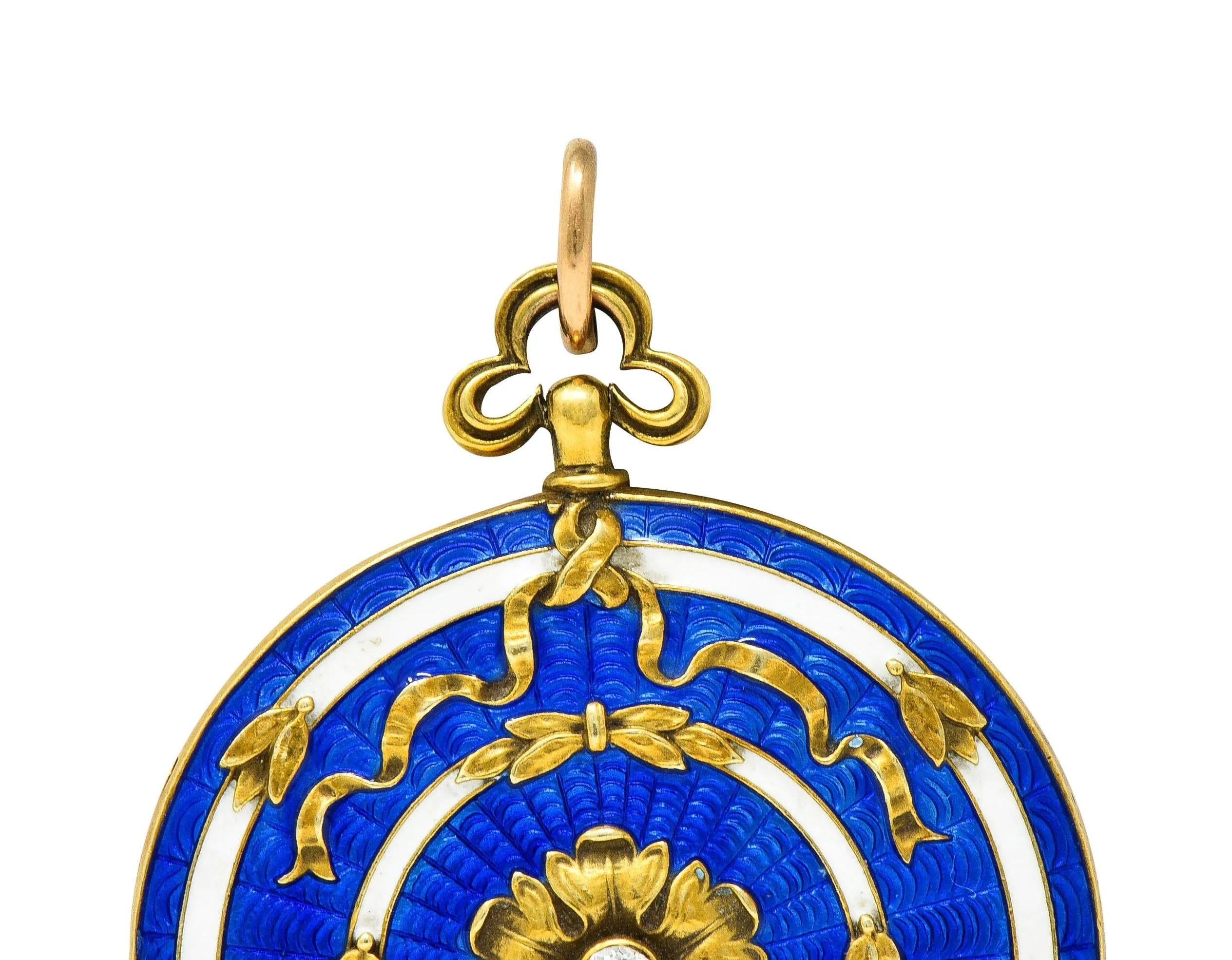 Henry Blank & Co. Belle Époque Diamond Guilloche Enamel 14 Karat Gold Ribbon Antique Locket Pendant