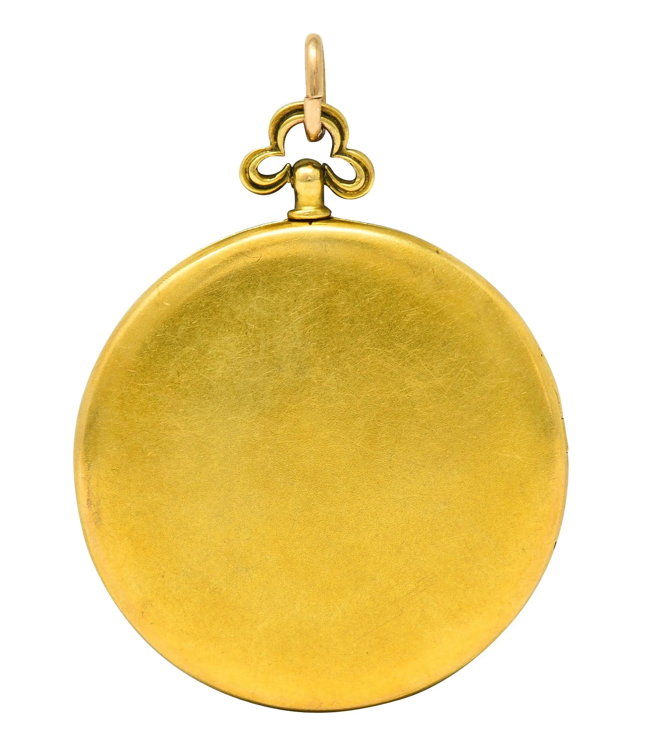 Henry Blank & Co. Belle Époque Diamond Guilloche Enamel 14 Karat Gold Ribbon Antique Locket Pendant