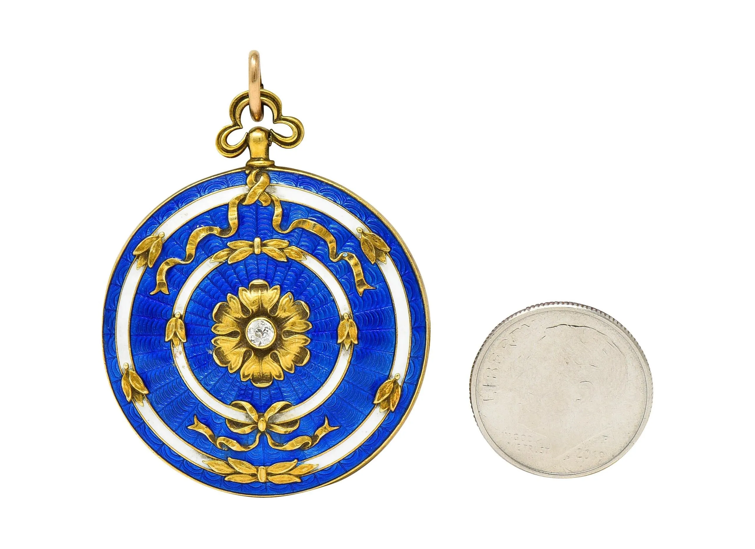 Henry Blank & Co. Belle Époque Diamond Guilloche Enamel 14 Karat Gold Ribbon Antique Locket Pendant