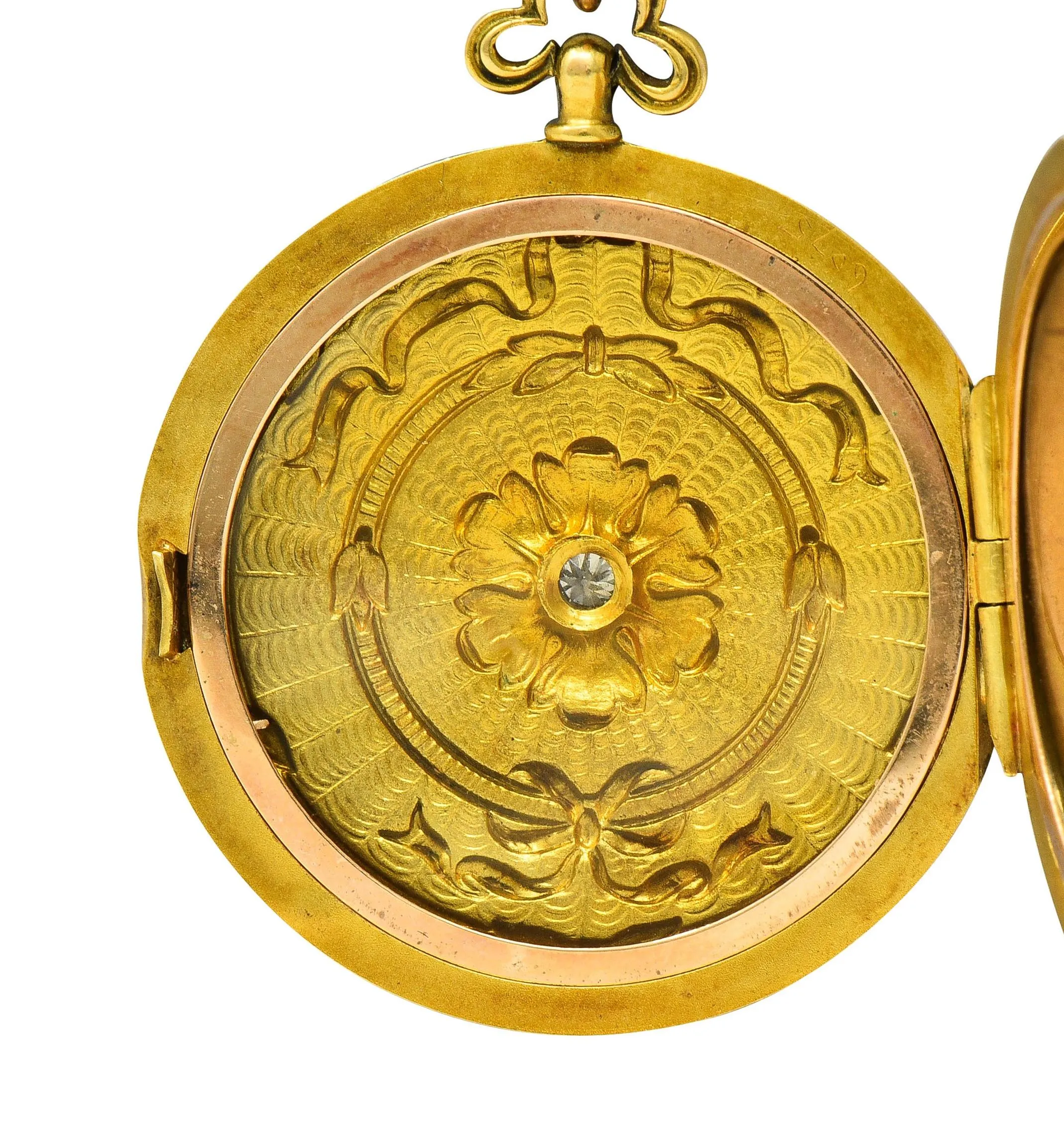 Henry Blank & Co. Belle Époque Diamond Guilloche Enamel 14 Karat Gold Ribbon Antique Locket Pendant