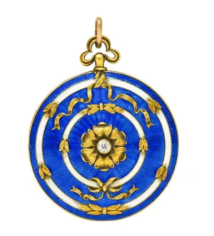 Henry Blank & Co. Belle Époque Diamond Guilloche Enamel 14 Karat Gold Ribbon Antique Locket Pendant