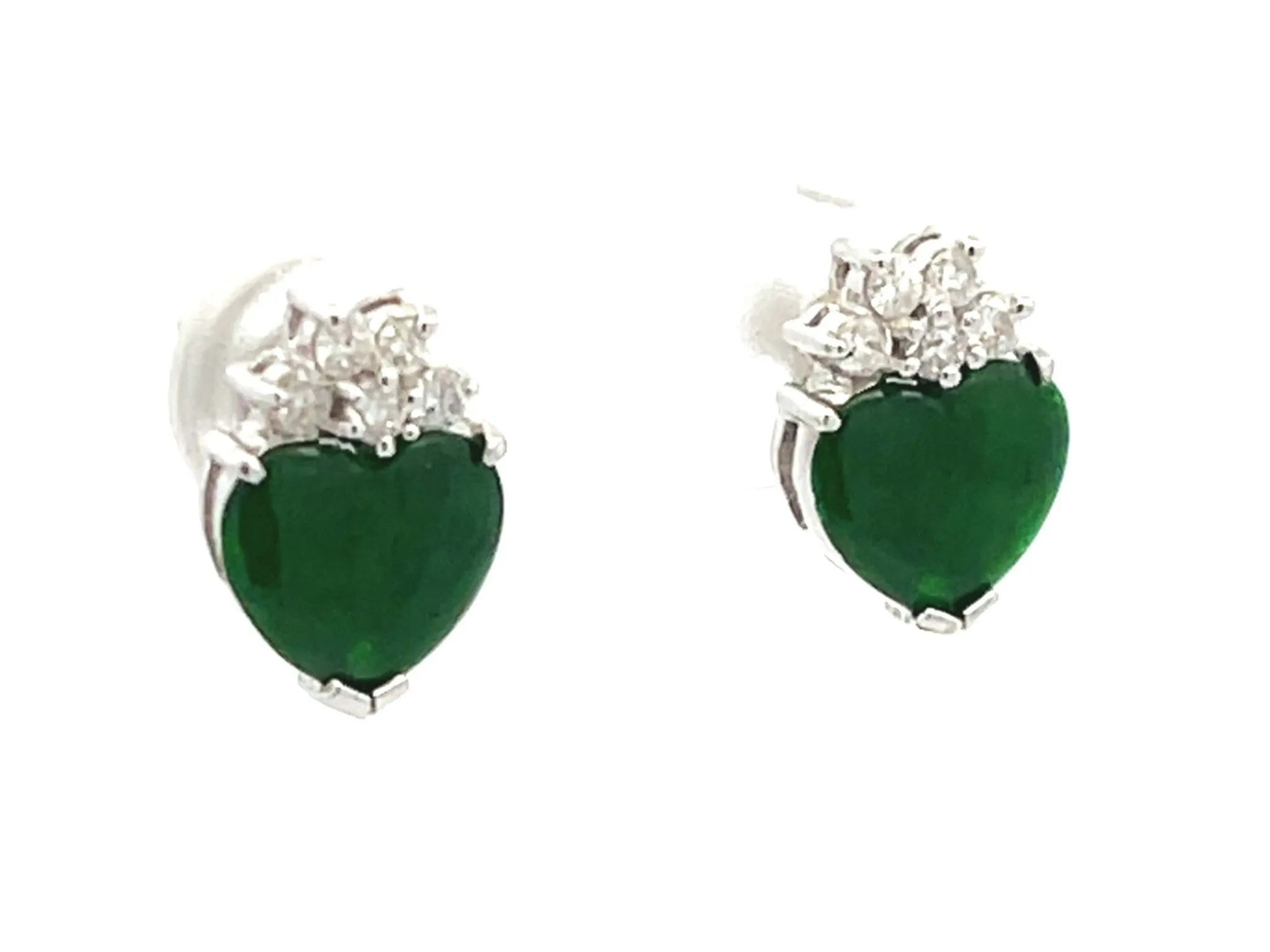 Imperial Jade Heart and Diamond Stud Earrings in 18K White Gold