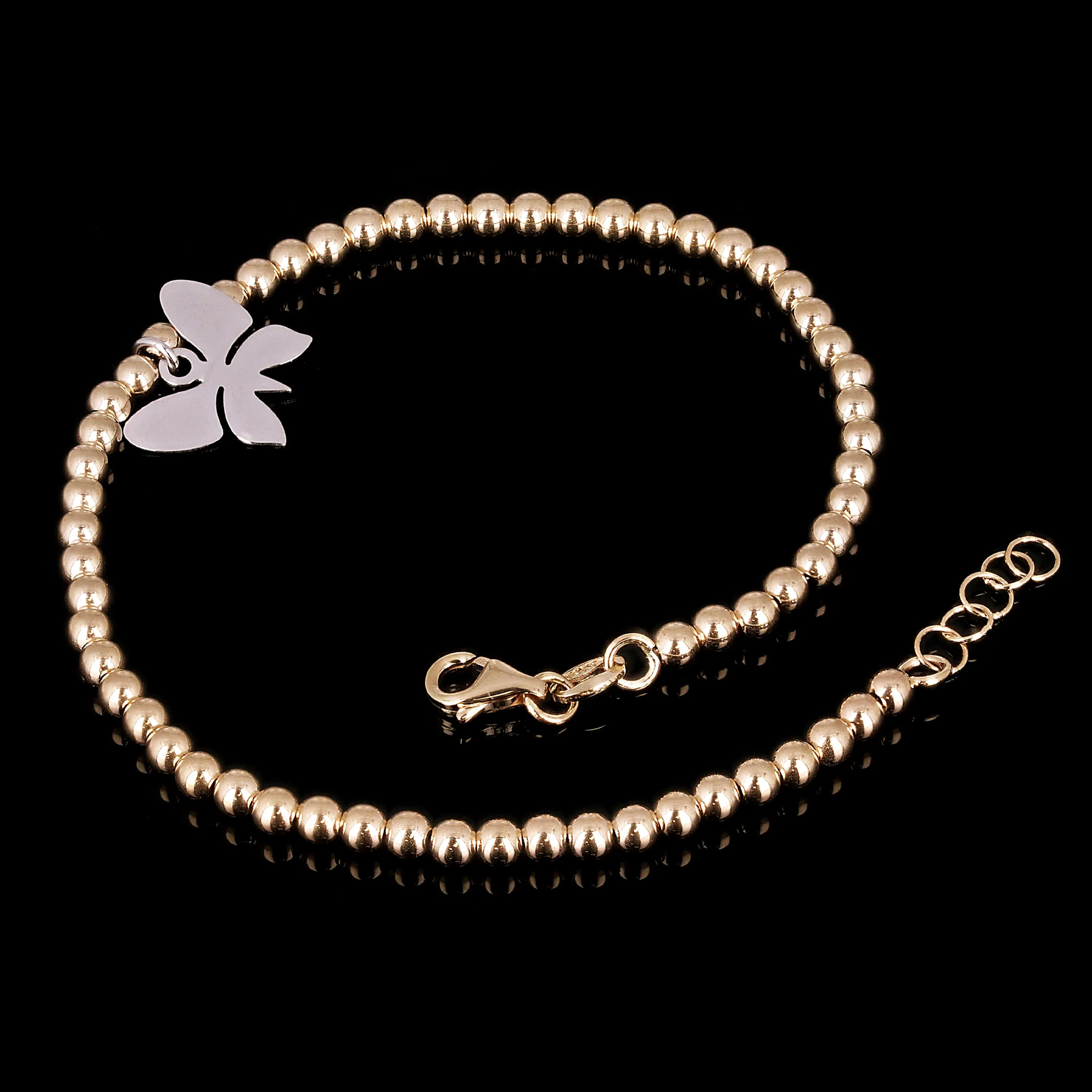 Italian 14k Two Tone Gold Ball Bead Bracelet with Butterfly Charm 8" 3mm 3.4gram