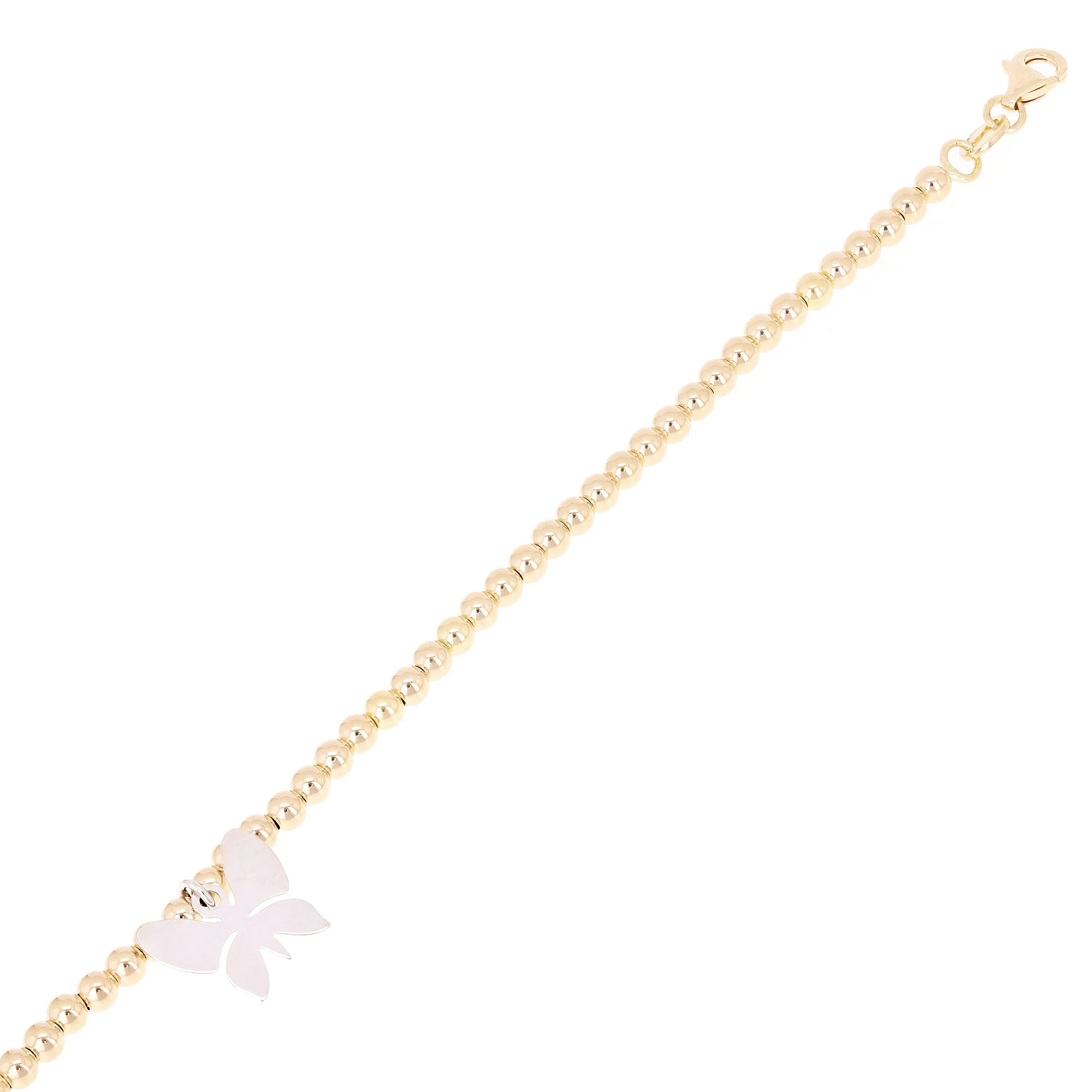 Italian 14k Two Tone Gold Ball Bead Bracelet with Butterfly Charm 8" 3mm 3.4gram