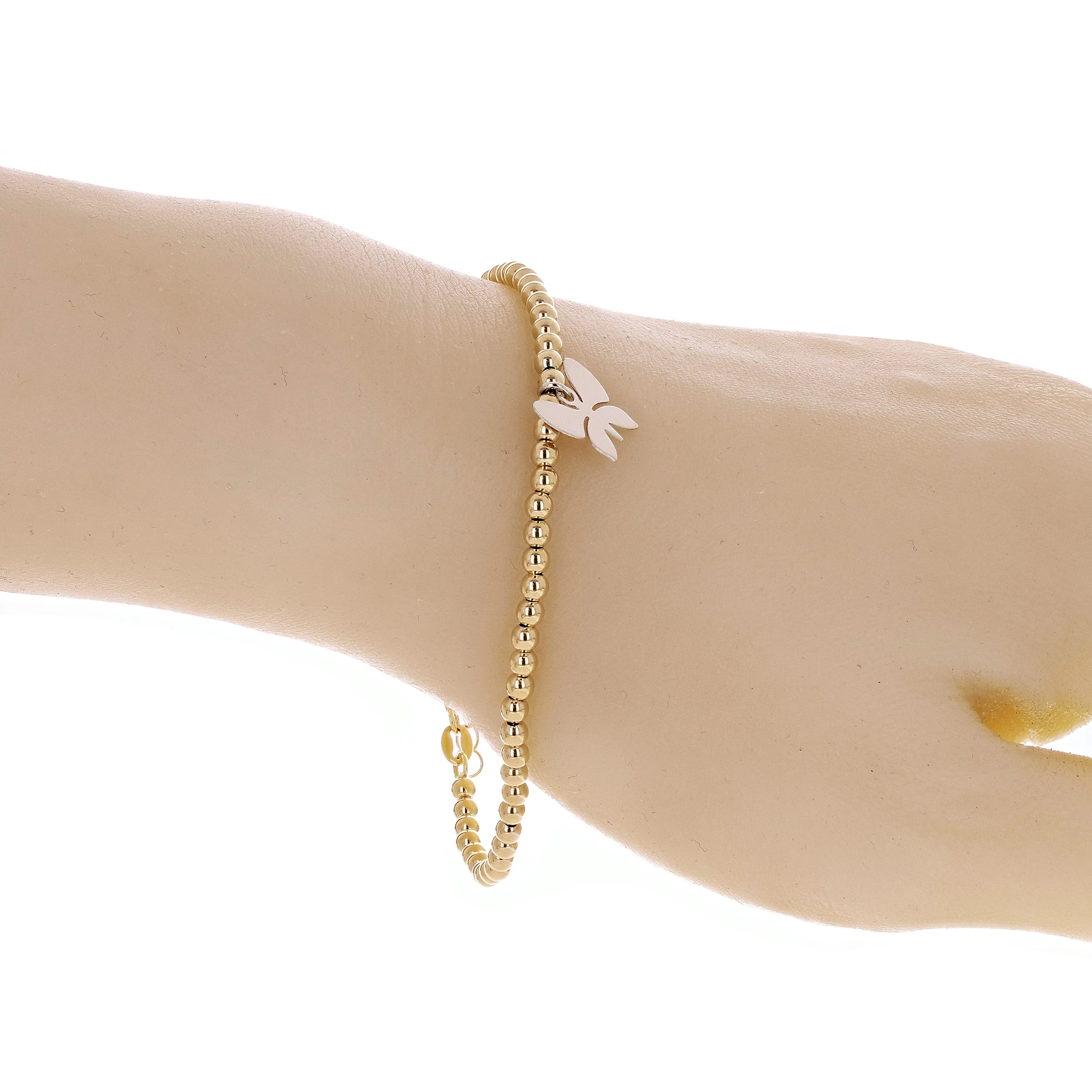 Italian 14k Two Tone Gold Ball Bead Bracelet with Butterfly Charm 8" 3mm 3.4gram