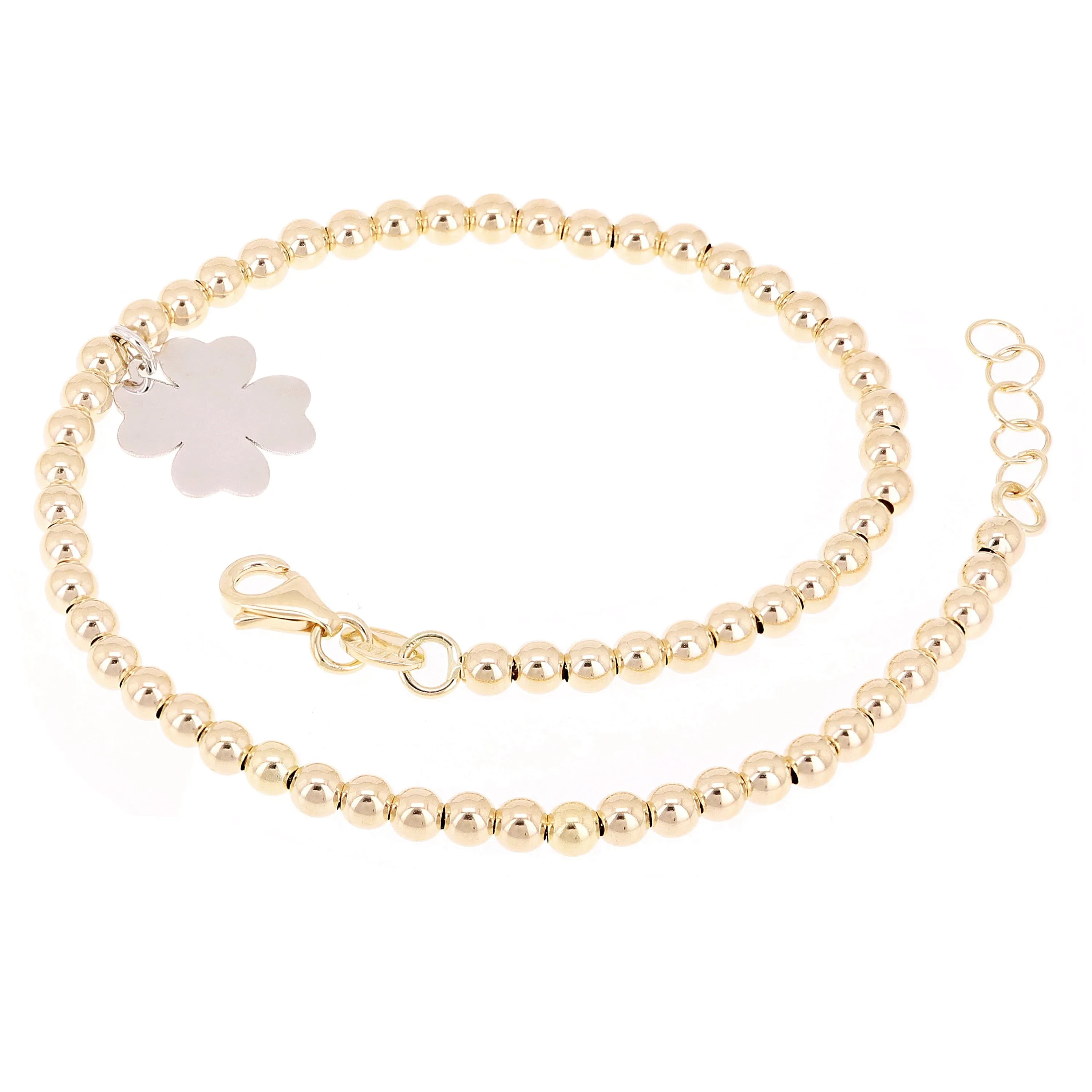 Italian 14k Two Tone Gold Ball Bead Bracelet with Clover Leaf Charm 8" 3mm 3.4g