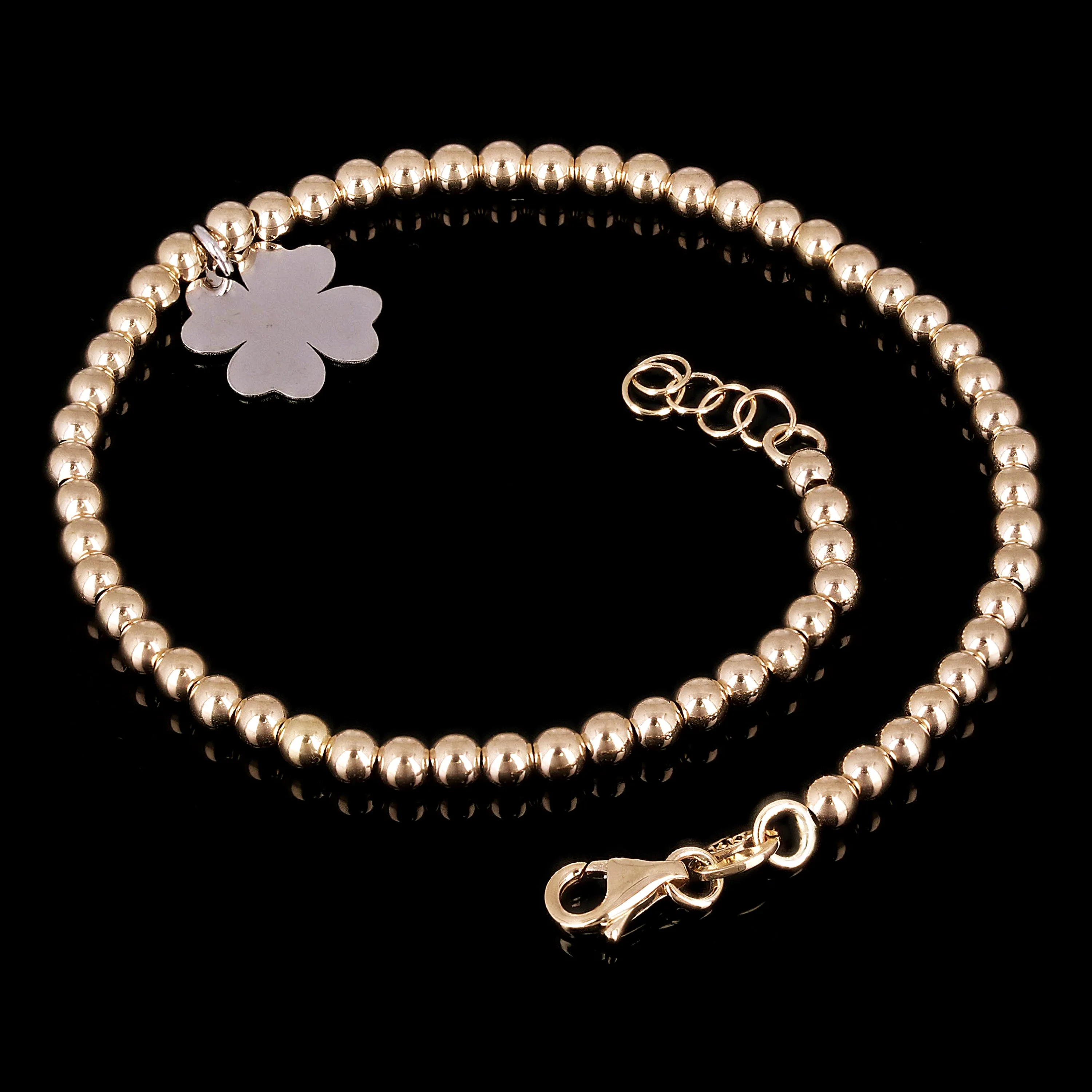 Italian 14k Two Tone Gold Ball Bead Bracelet with Clover Leaf Charm 8" 3mm 3.4g