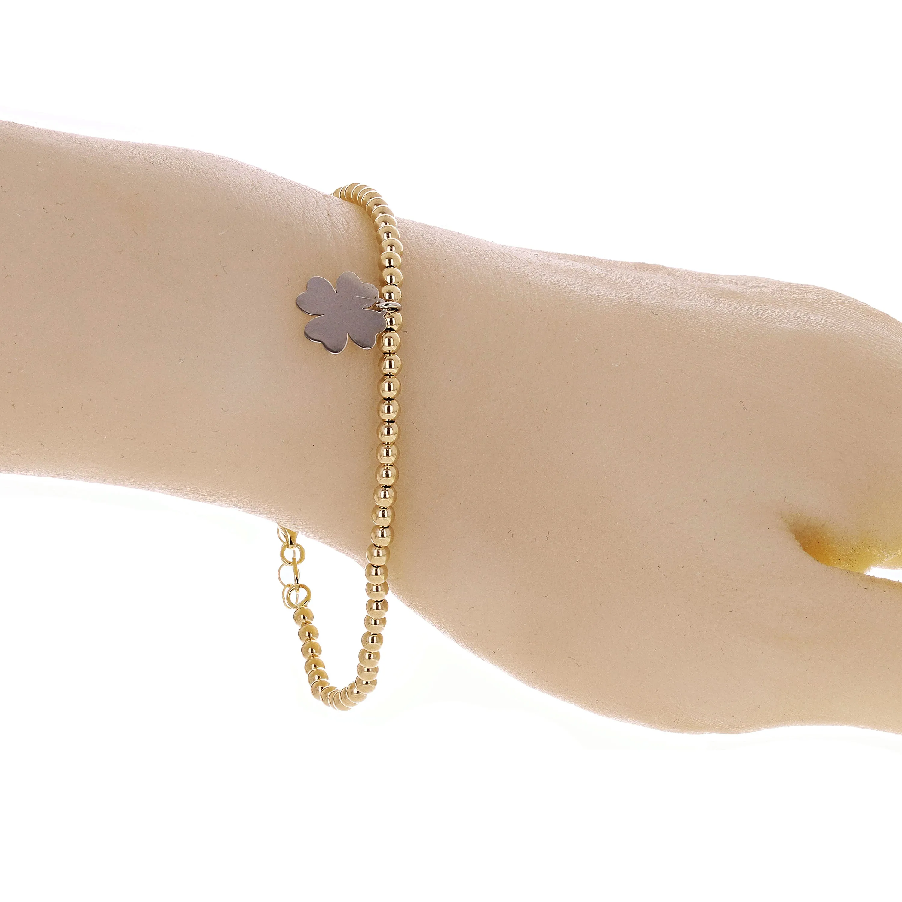 Italian 14k Two Tone Gold Ball Bead Bracelet with Clover Leaf Charm 8" 3mm 3.4g