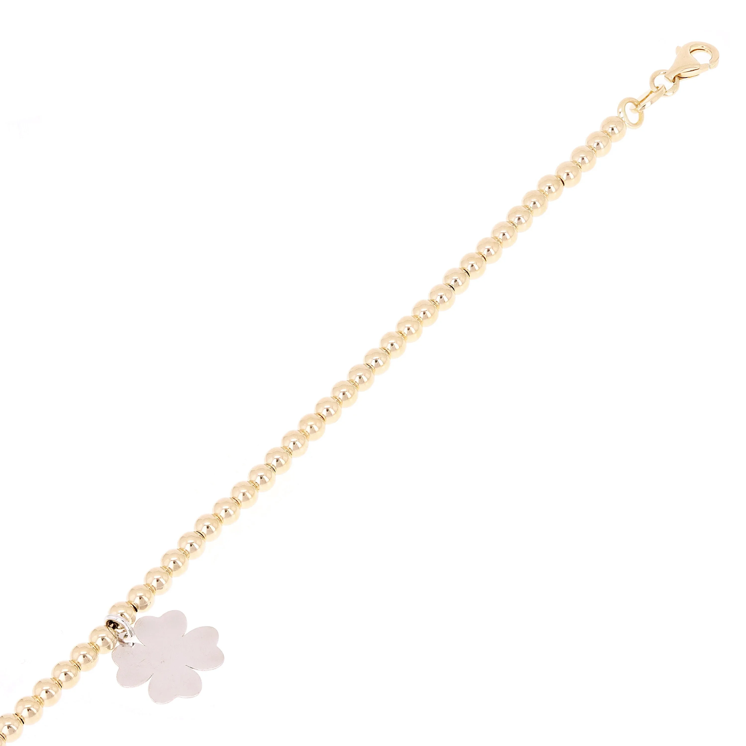 Italian 14k Two Tone Gold Ball Bead Bracelet with Clover Leaf Charm 8" 3mm 3.4g