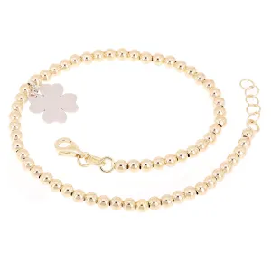 Italian 14k Two Tone Gold Ball Bead Bracelet with Clover Leaf Charm 8" 3mm 3.4g
