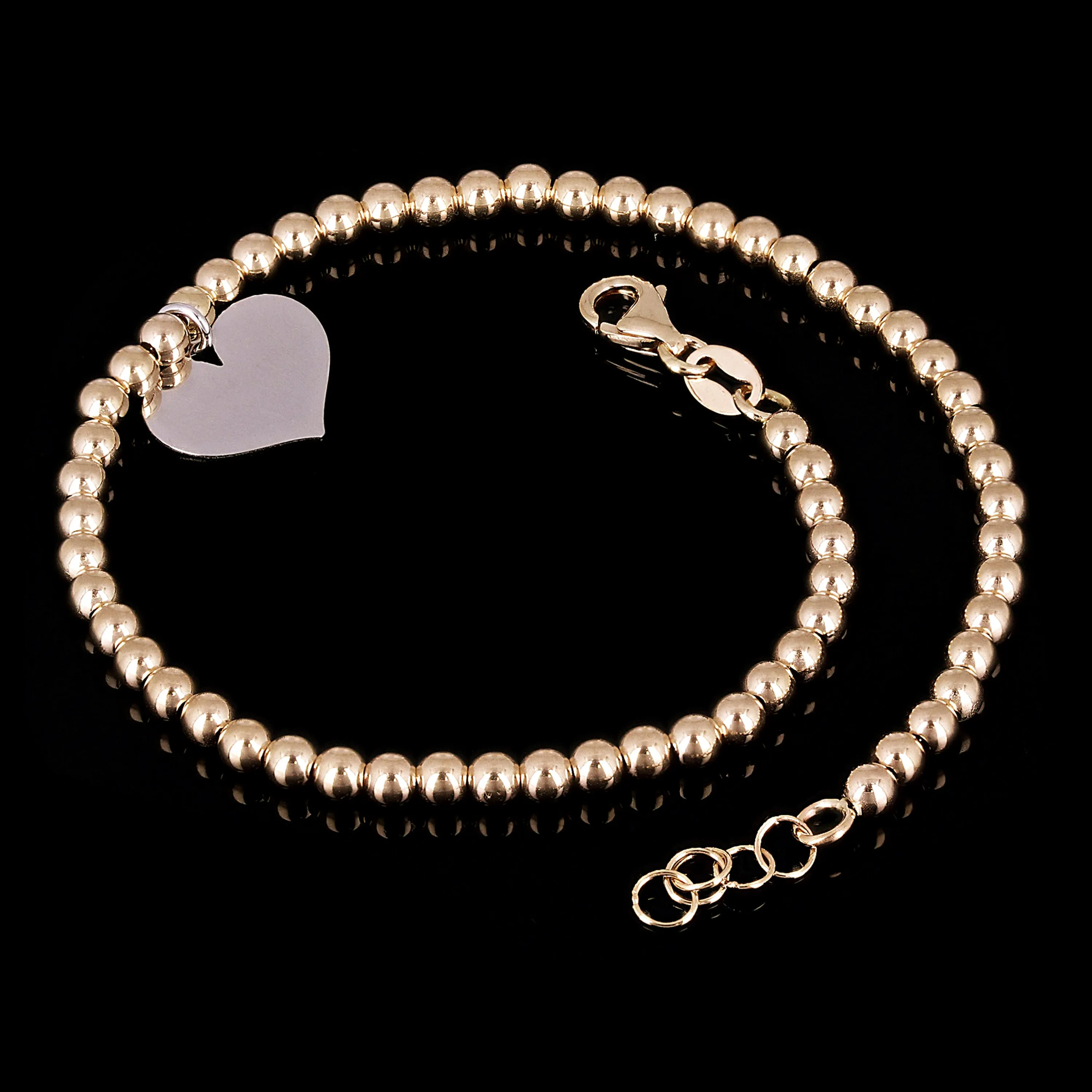 Italian 14k Two Tone Gold Ball Bead Bracelet with Heart Charm 8" 3mm 3.4 grams