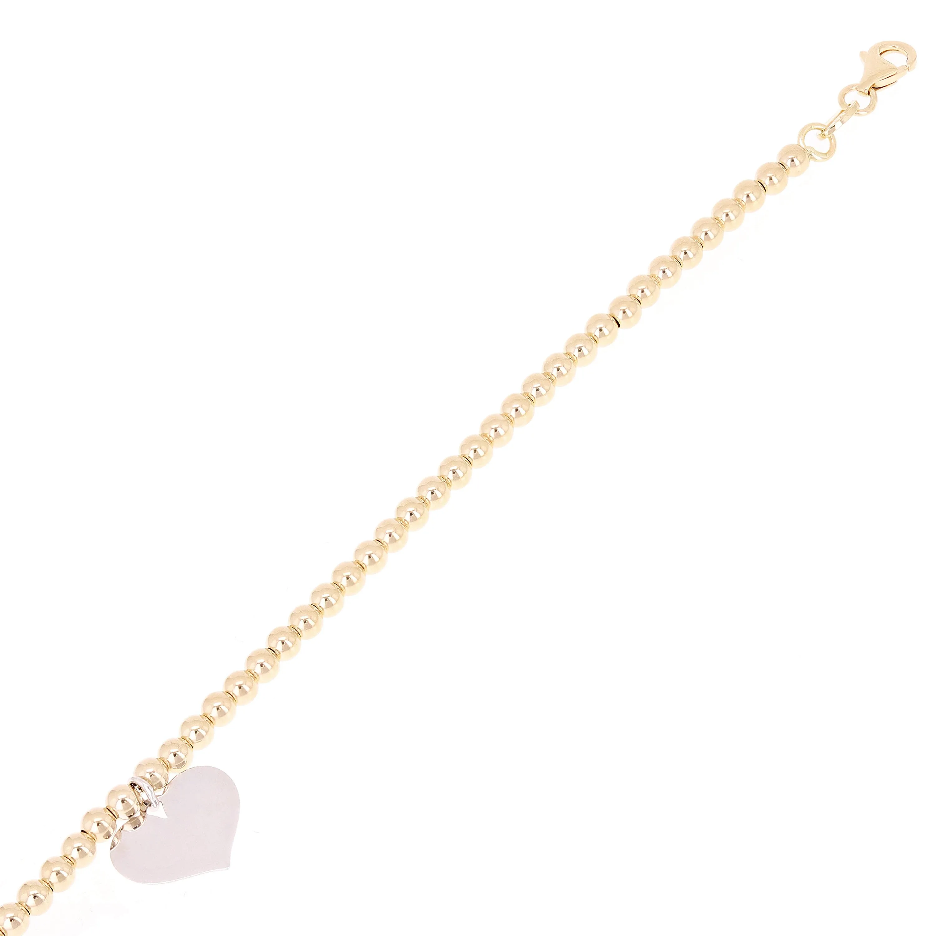 Italian 14k Two Tone Gold Ball Bead Bracelet with Heart Charm 8" 3mm 3.4 grams