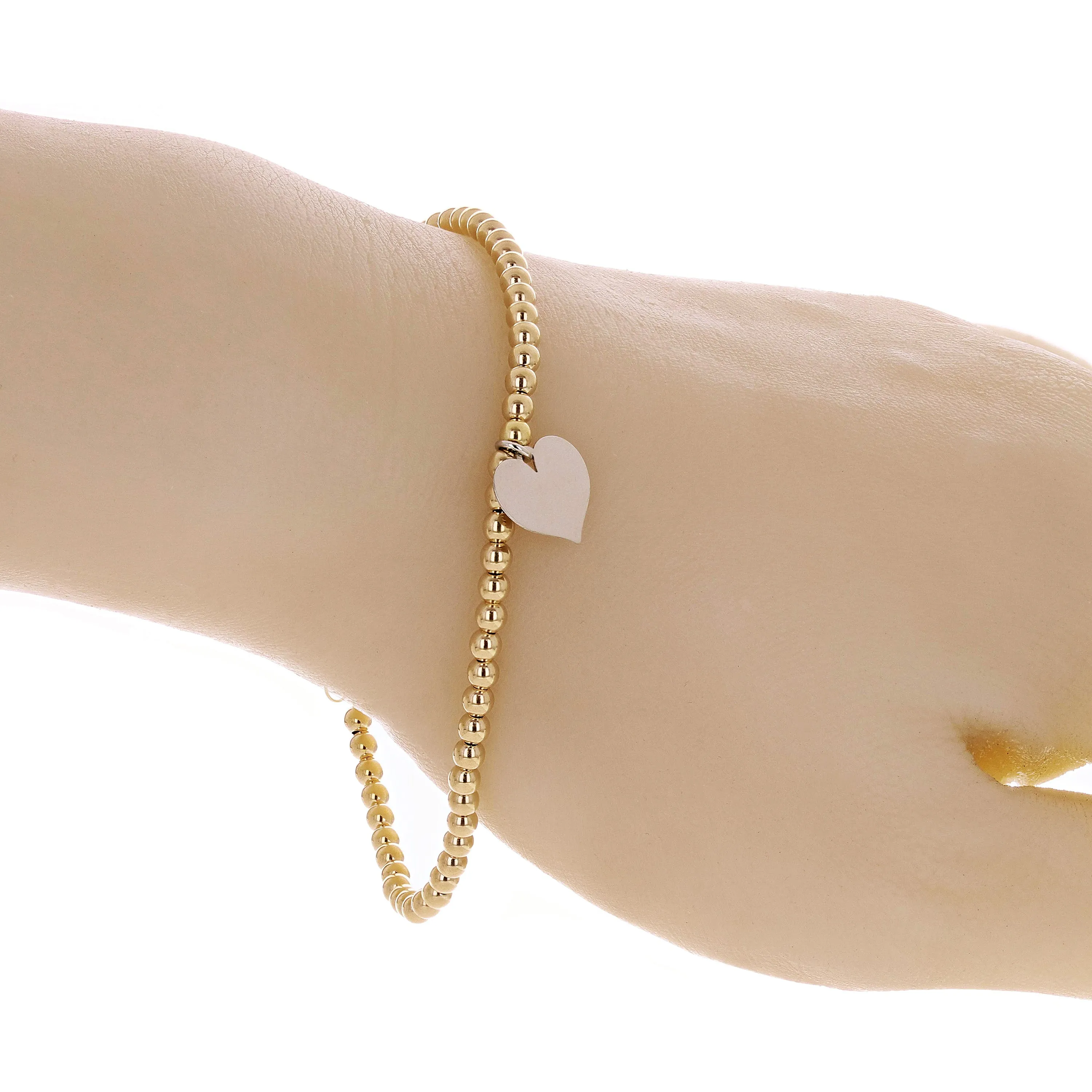 Italian 14k Two Tone Gold Ball Bead Bracelet with Heart Charm 8" 3mm 3.4 grams