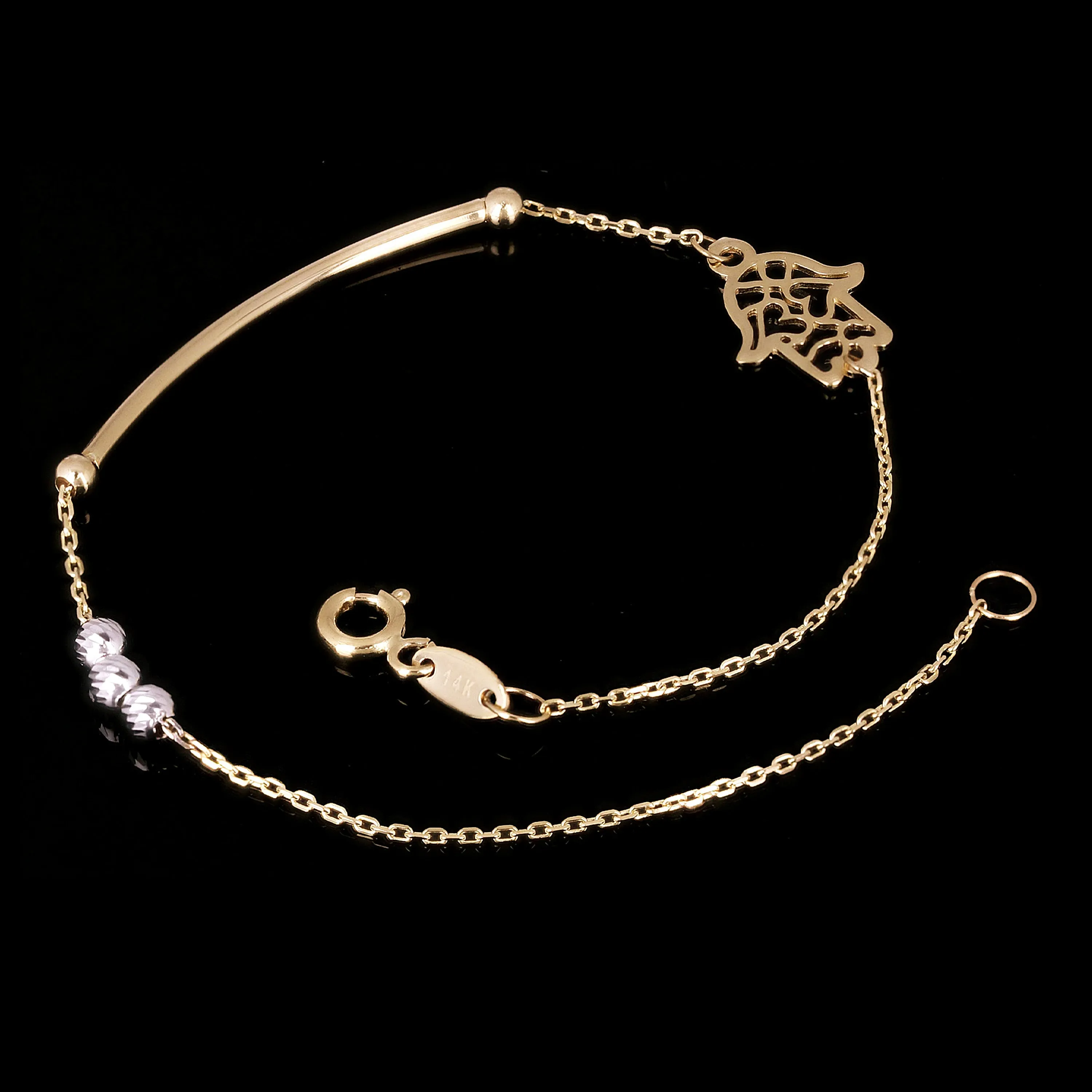 Italian 14k Yellow & White Gold Hamsa Charm Bar Link Bracelet 7.25" 1.5 grams