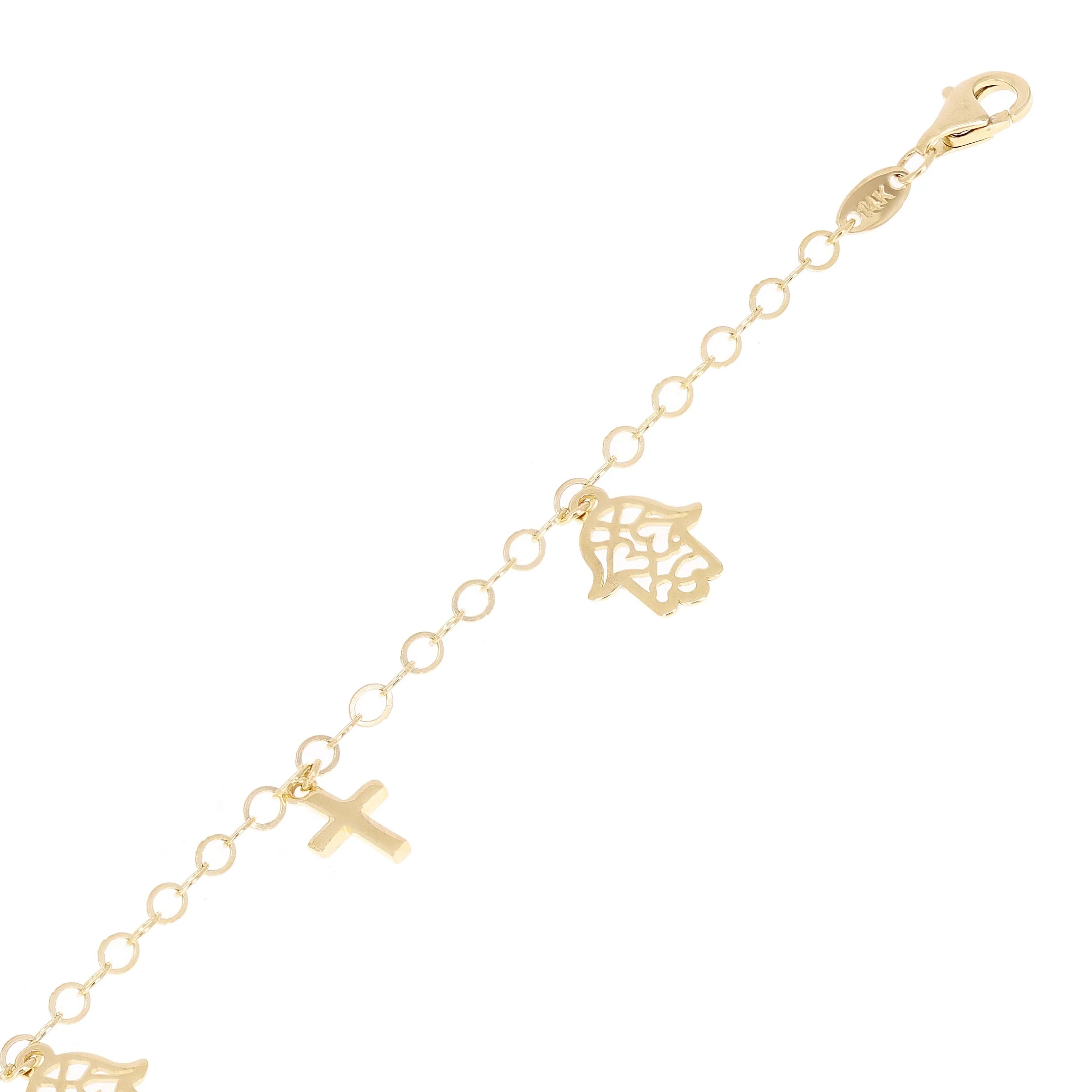 Italian 14k Yellow Gold Cross & Hamsa Charm Anklet/Bracelet 10" 4 grams
