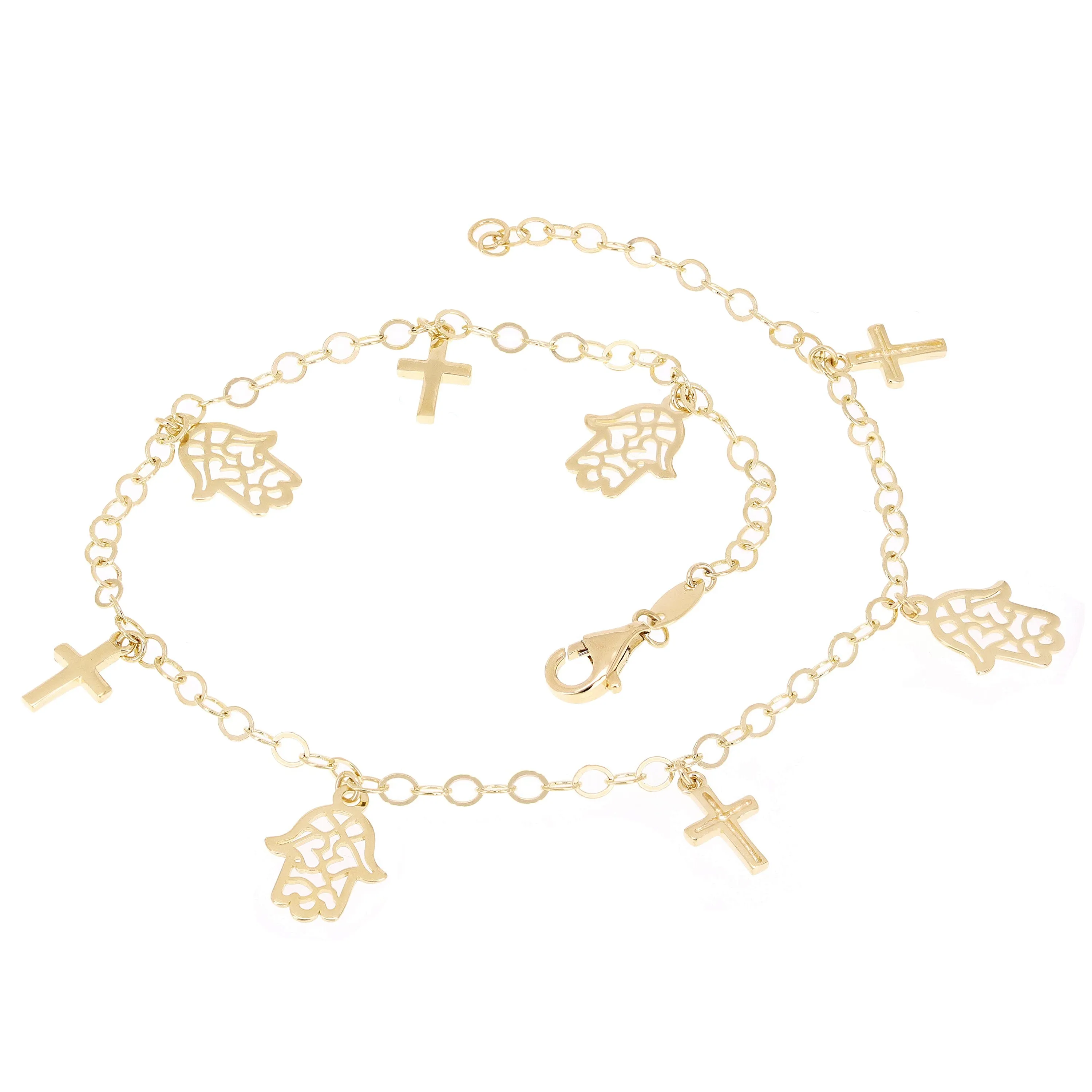 Italian 14k Yellow Gold Cross & Hamsa Charm Anklet/Bracelet 10" 4 grams