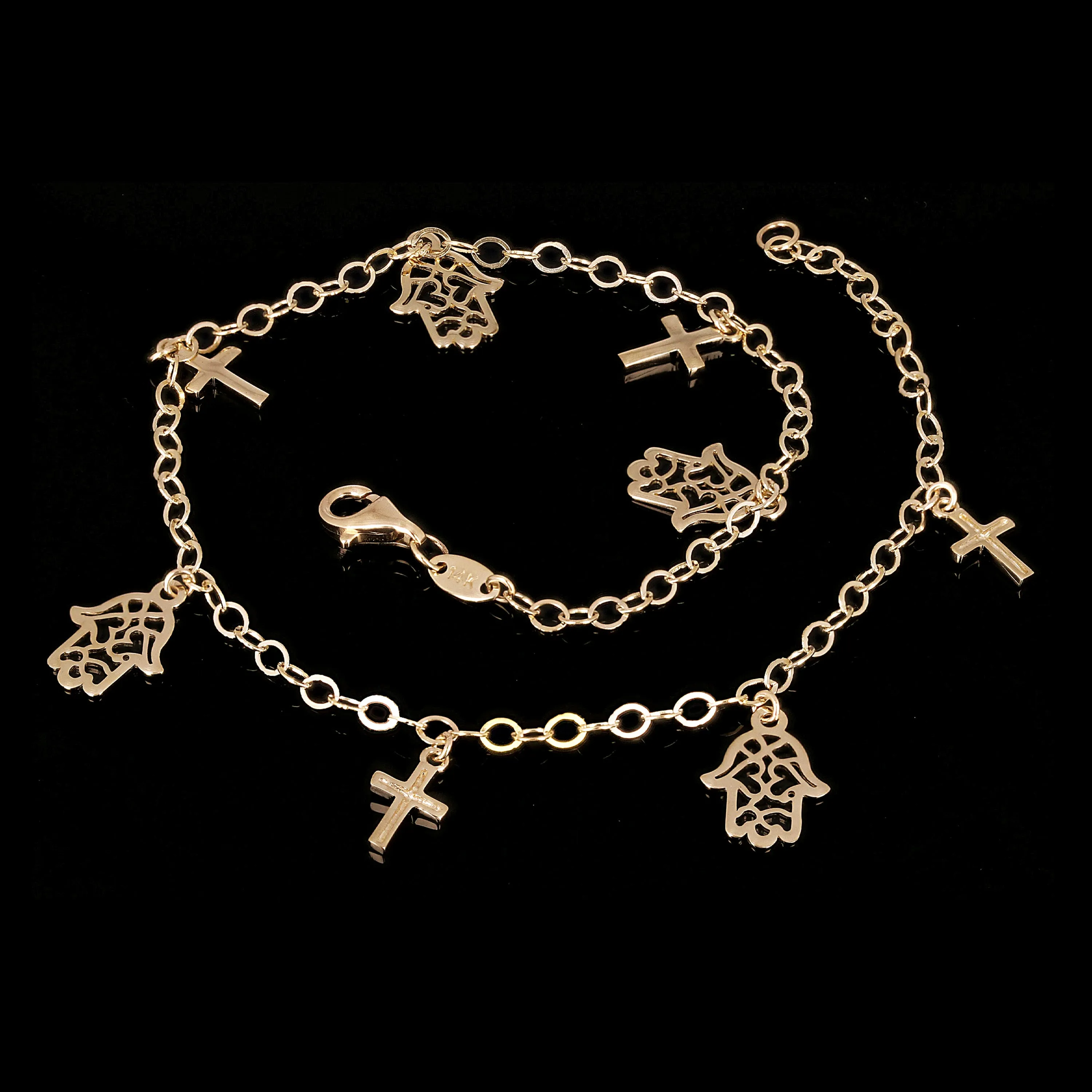 Italian 14k Yellow Gold Cross & Hamsa Charm Anklet/Bracelet 10" 4 grams